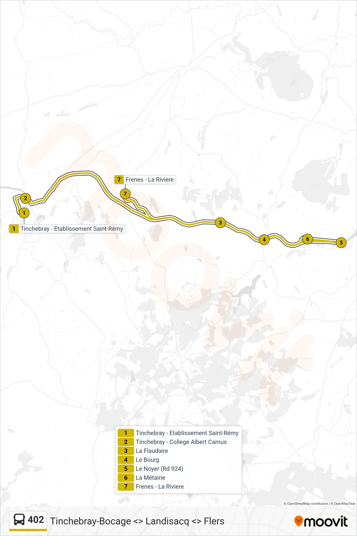 Recorrido y paradas de la línea 402 de autobús (Tinchebray-Bocage) en el mapa