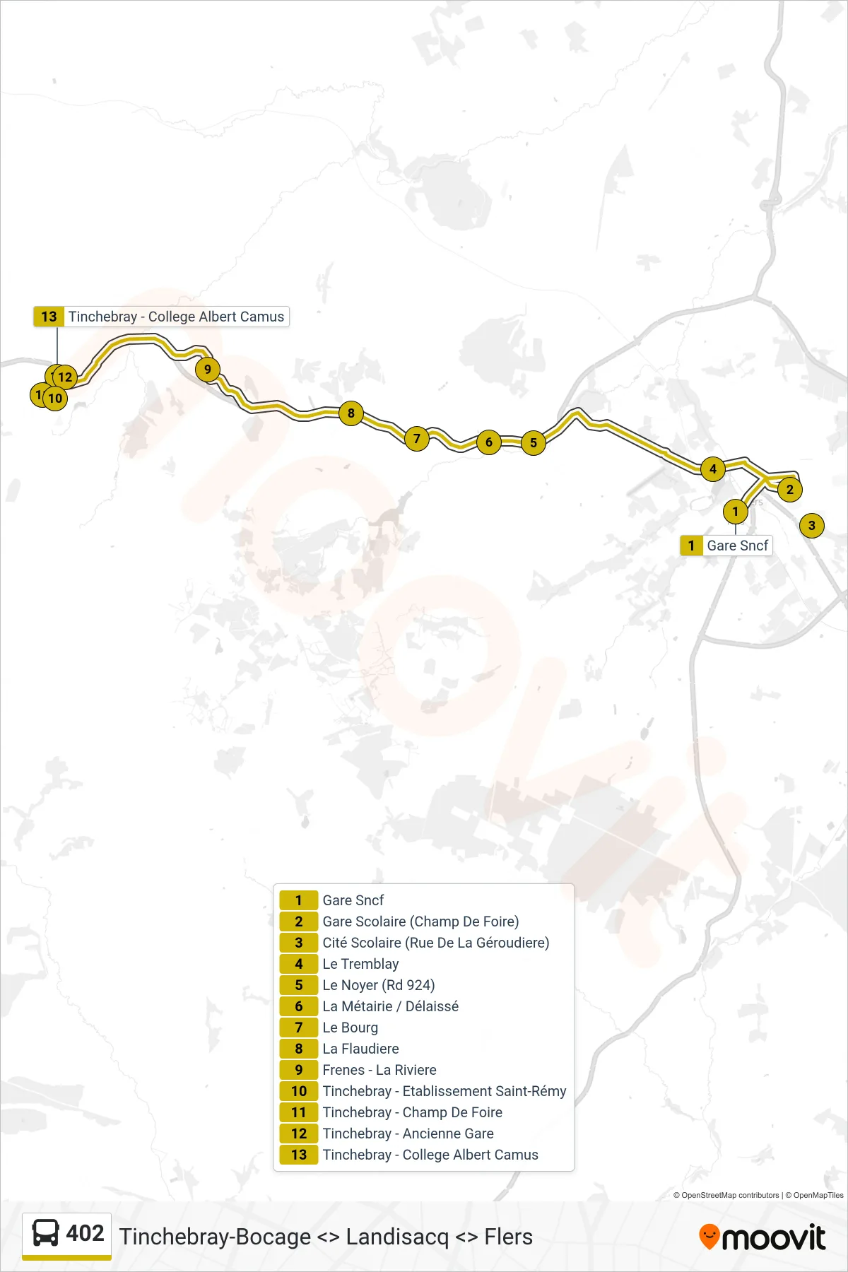 Tracé et arrêts de la ligne 402 de bus (Tinchebray-Bocage) sur une carte