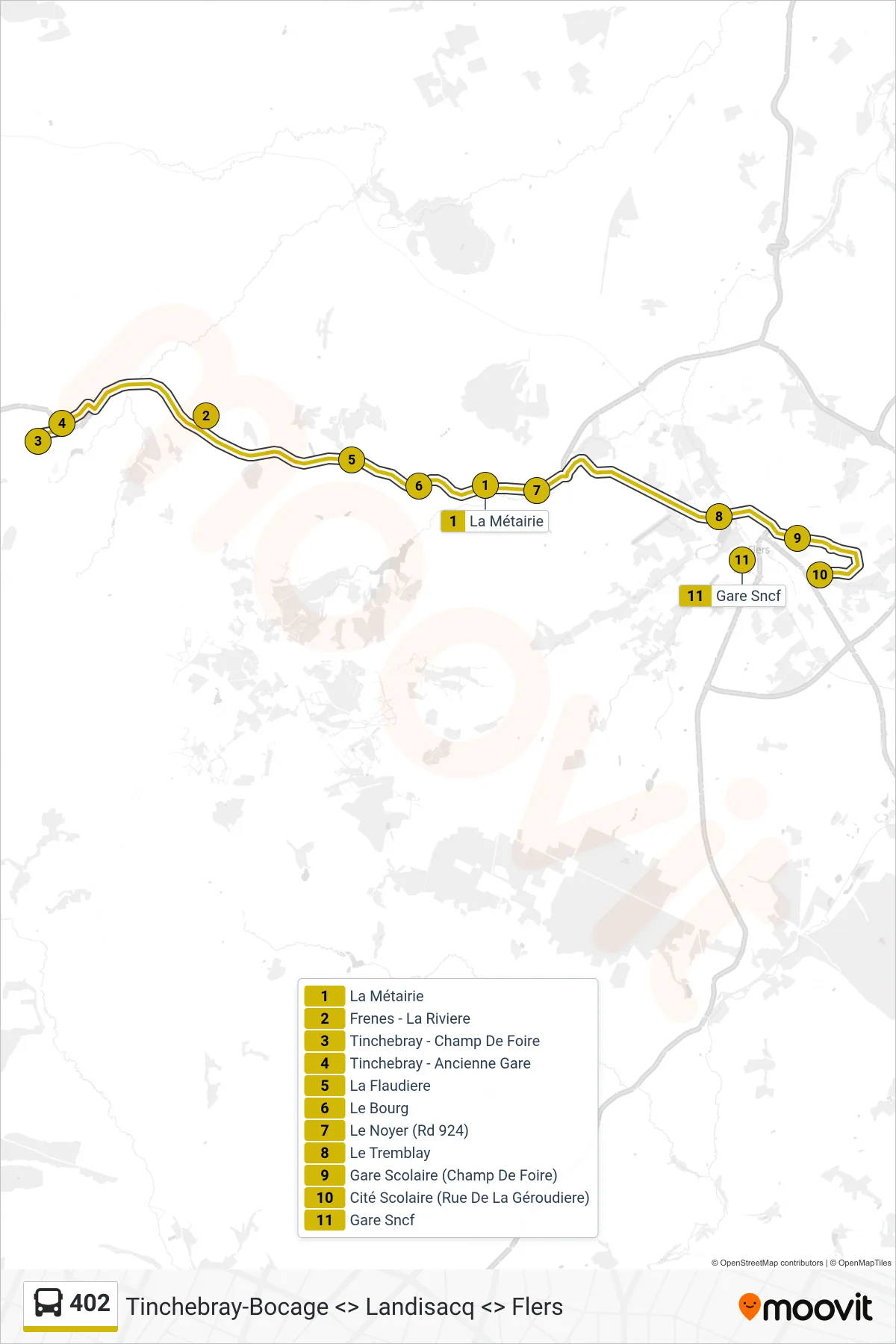 Tracé et arrêts de la ligne 402 de bus (Flers) sur une carte