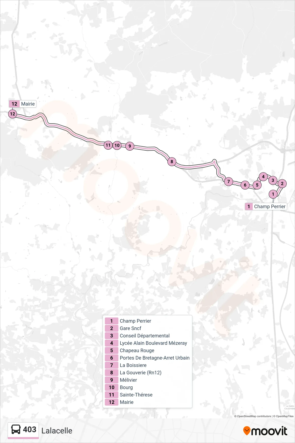 Tracé et arrêts de la ligne 403 de bus (Lalacelle) sur une carte