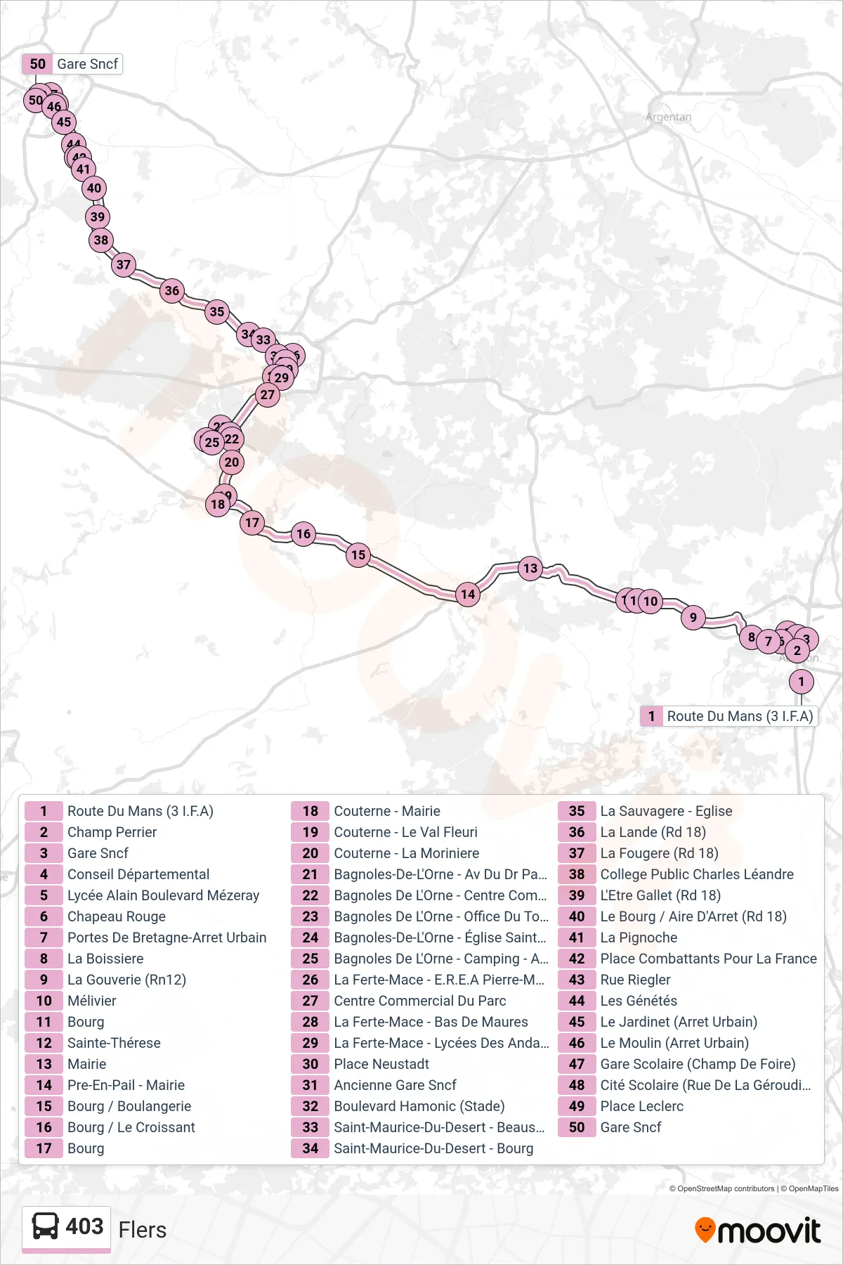 Tracé et arrêts de la ligne 403 de bus (Flers) sur une carte