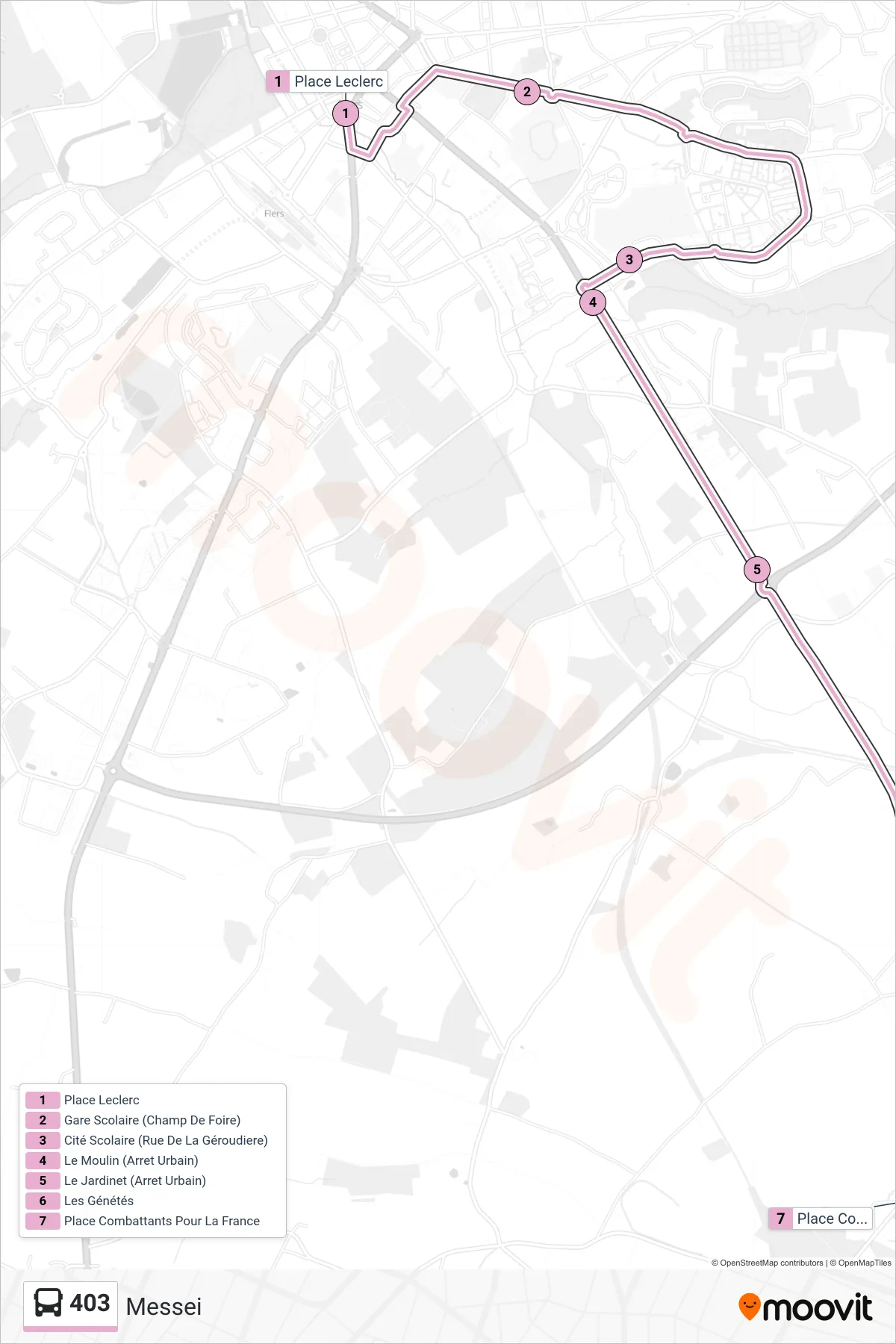 Tracé et arrêts de la ligne 403 de bus (Messei) sur une carte