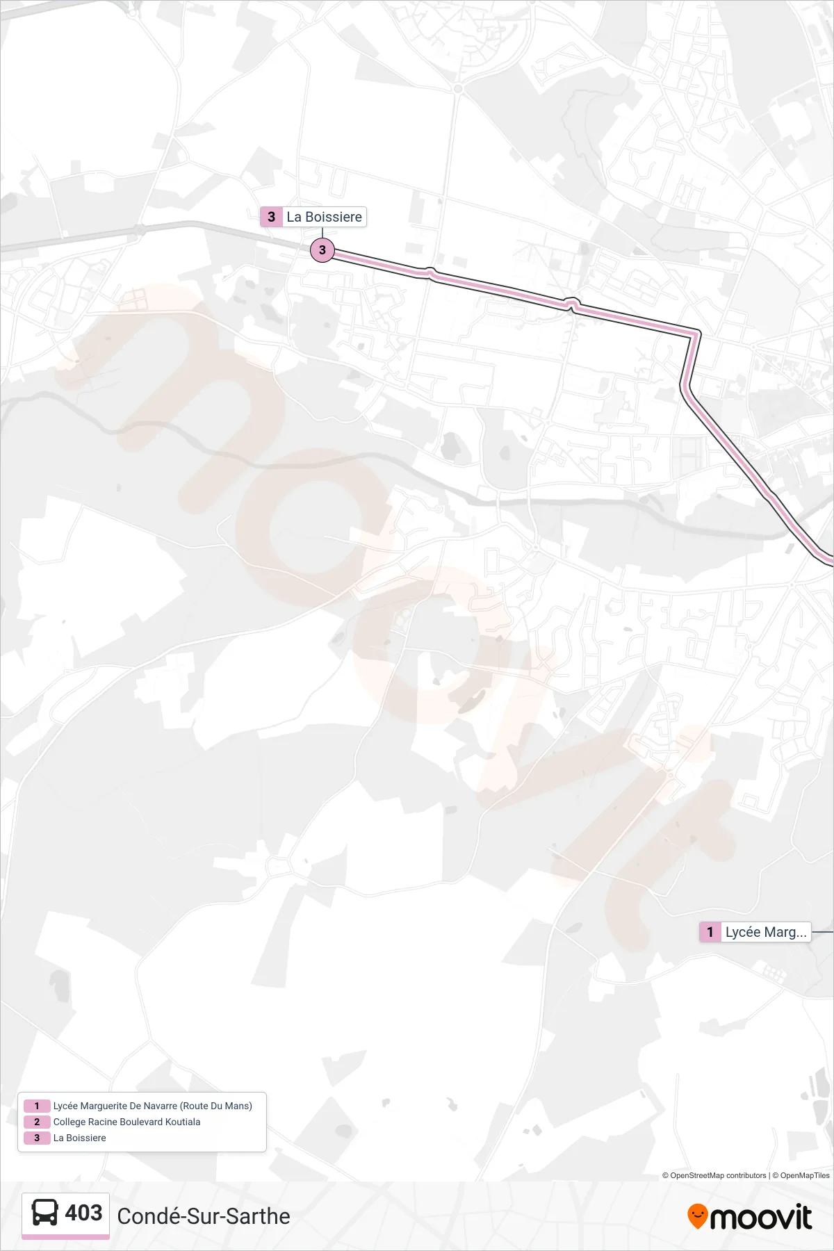 Tracé et arrêts de la ligne 403 de bus (Condé-Sur-Sarthe) sur une carte