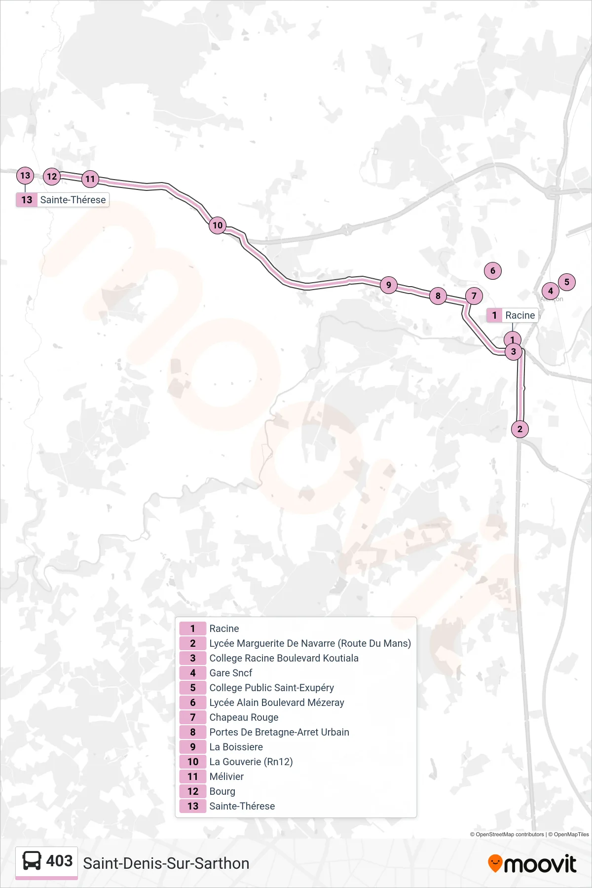 Tracé et arrêts de la ligne 403 de bus (Saint-Denis-Sur-Sarthon) sur une carte
