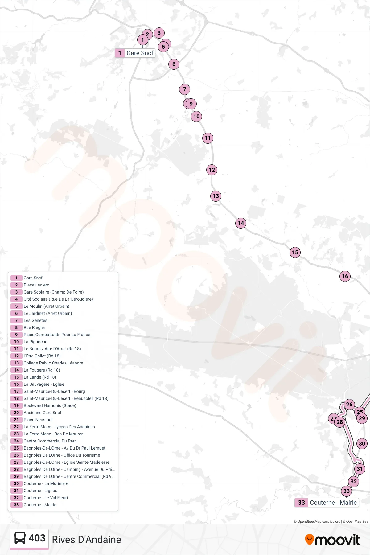 Tracé et arrêts de la ligne 403 de bus (Rives D'Andaine) sur une carte