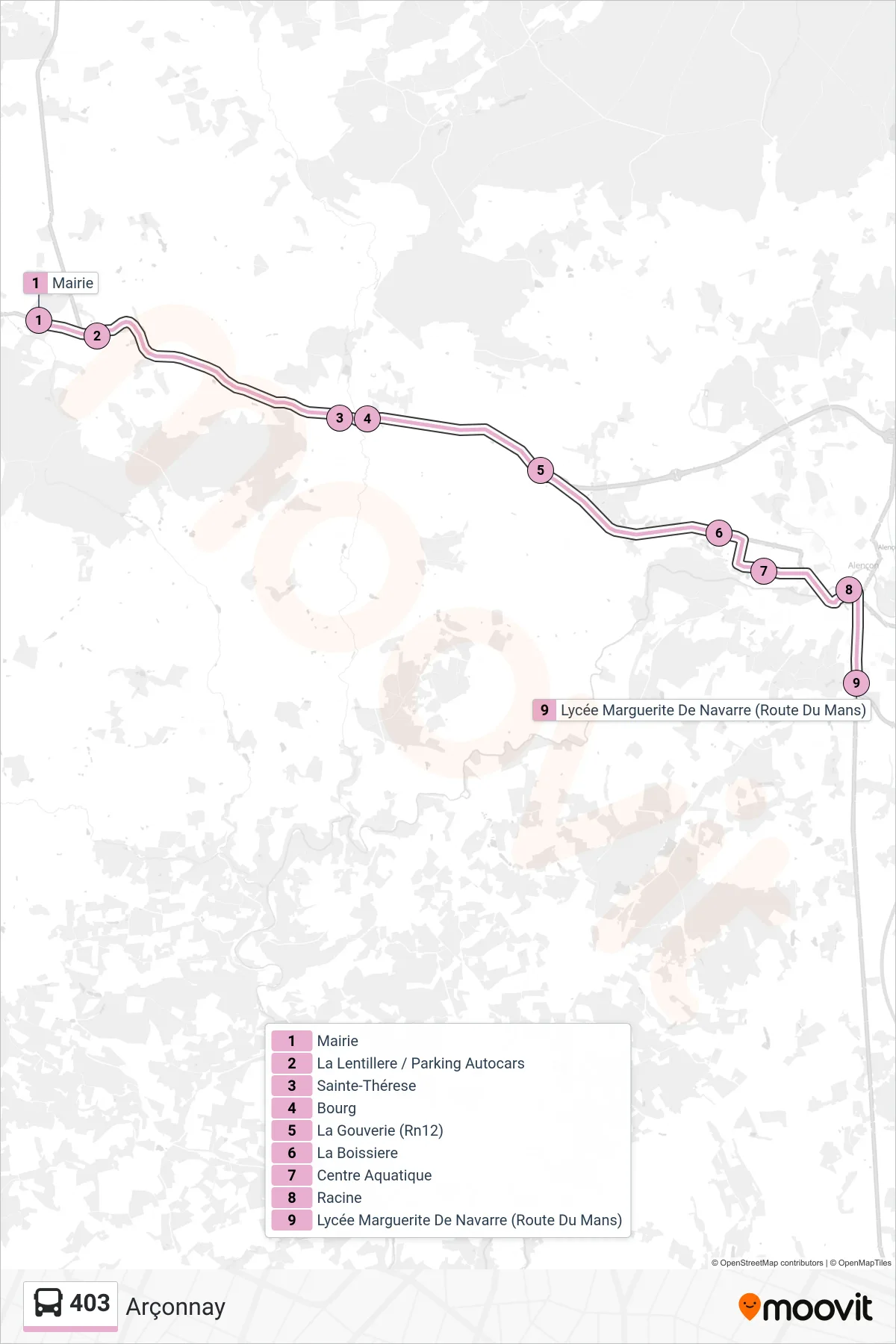 Tracé et arrêts de la ligne 403 de bus (Arçonnay) sur une carte