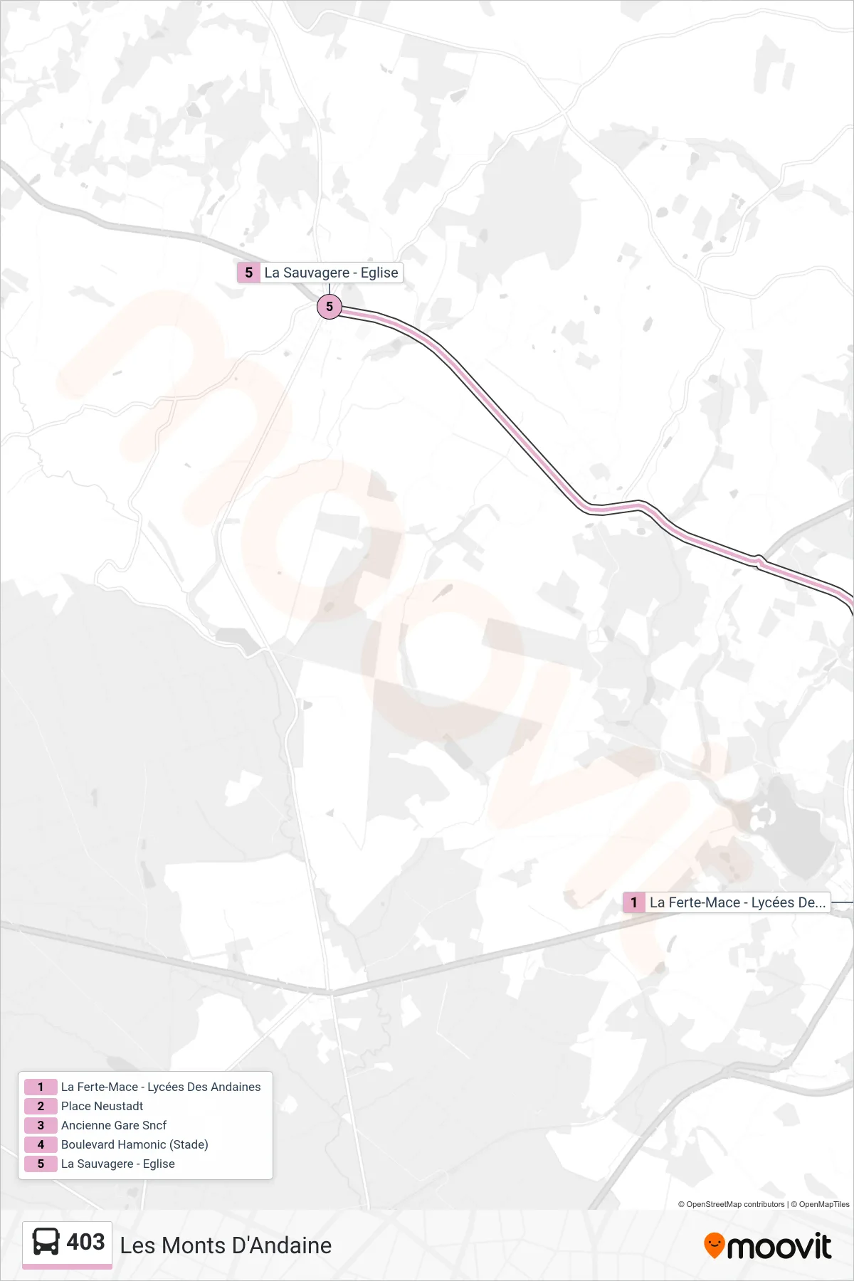 Tracé et arrêts de la ligne 403 de bus (Les Monts D'Andaine) sur une carte