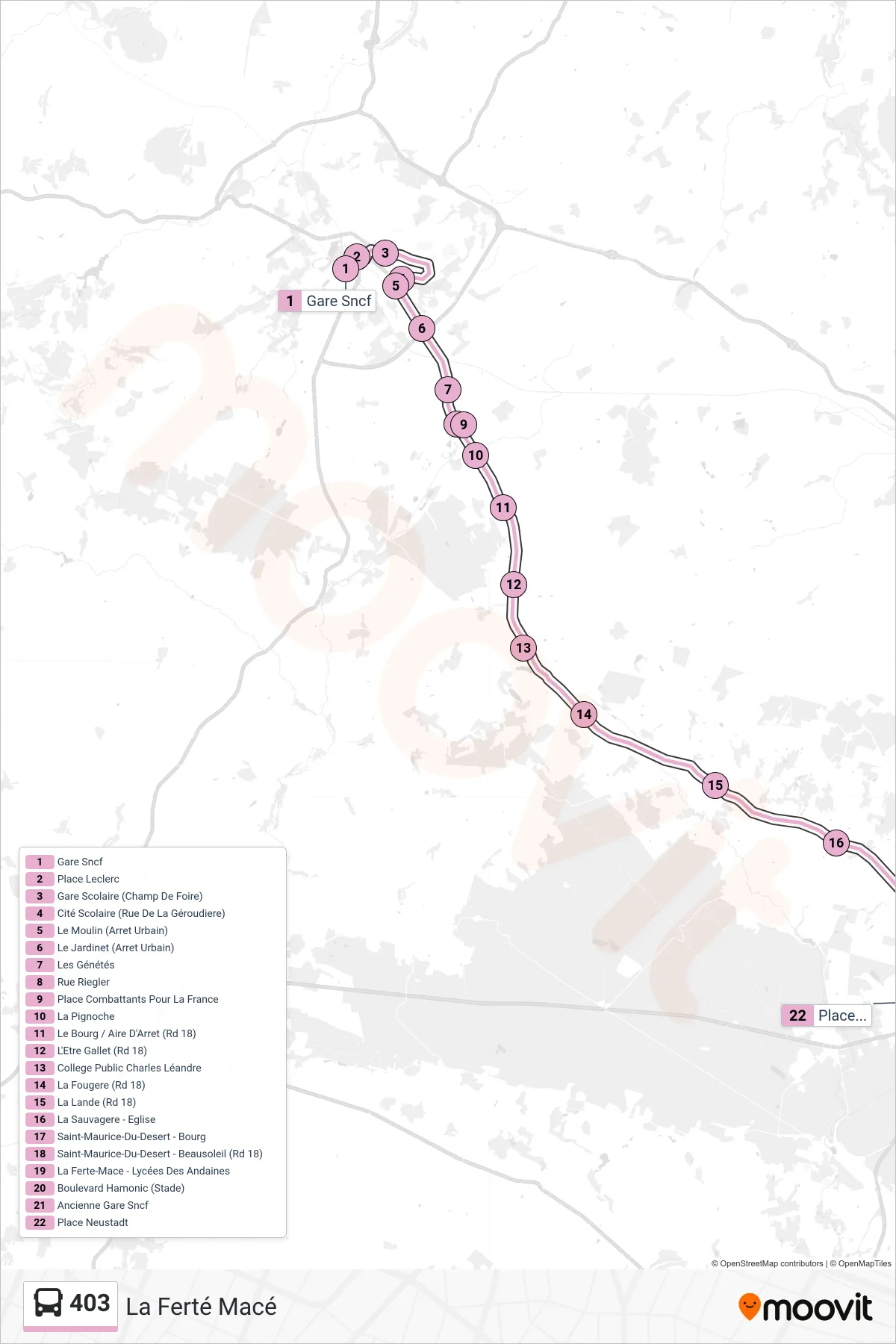 Tracé et arrêts de la ligne 403 de bus (La Ferté Macé) sur une carte