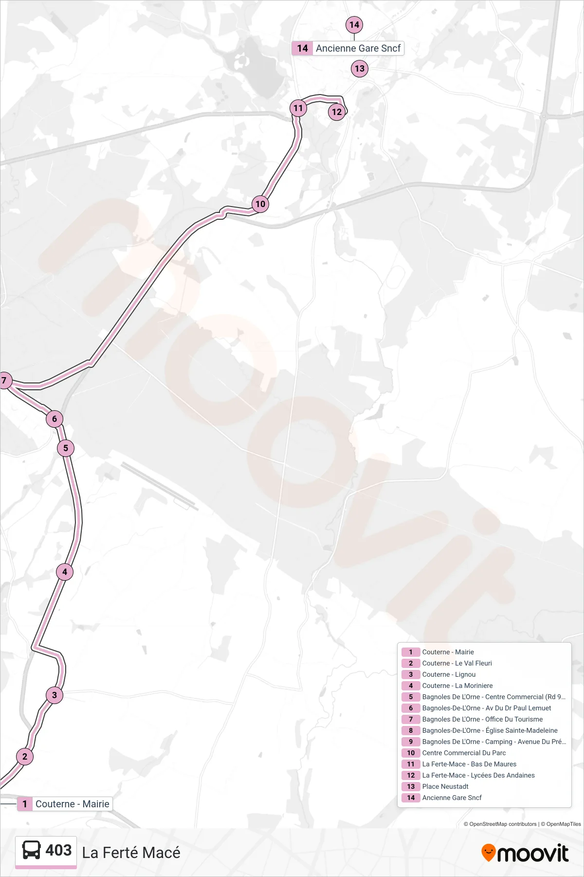 Tracé et arrêts de la ligne 403 de bus (La Ferté Macé) sur une carte