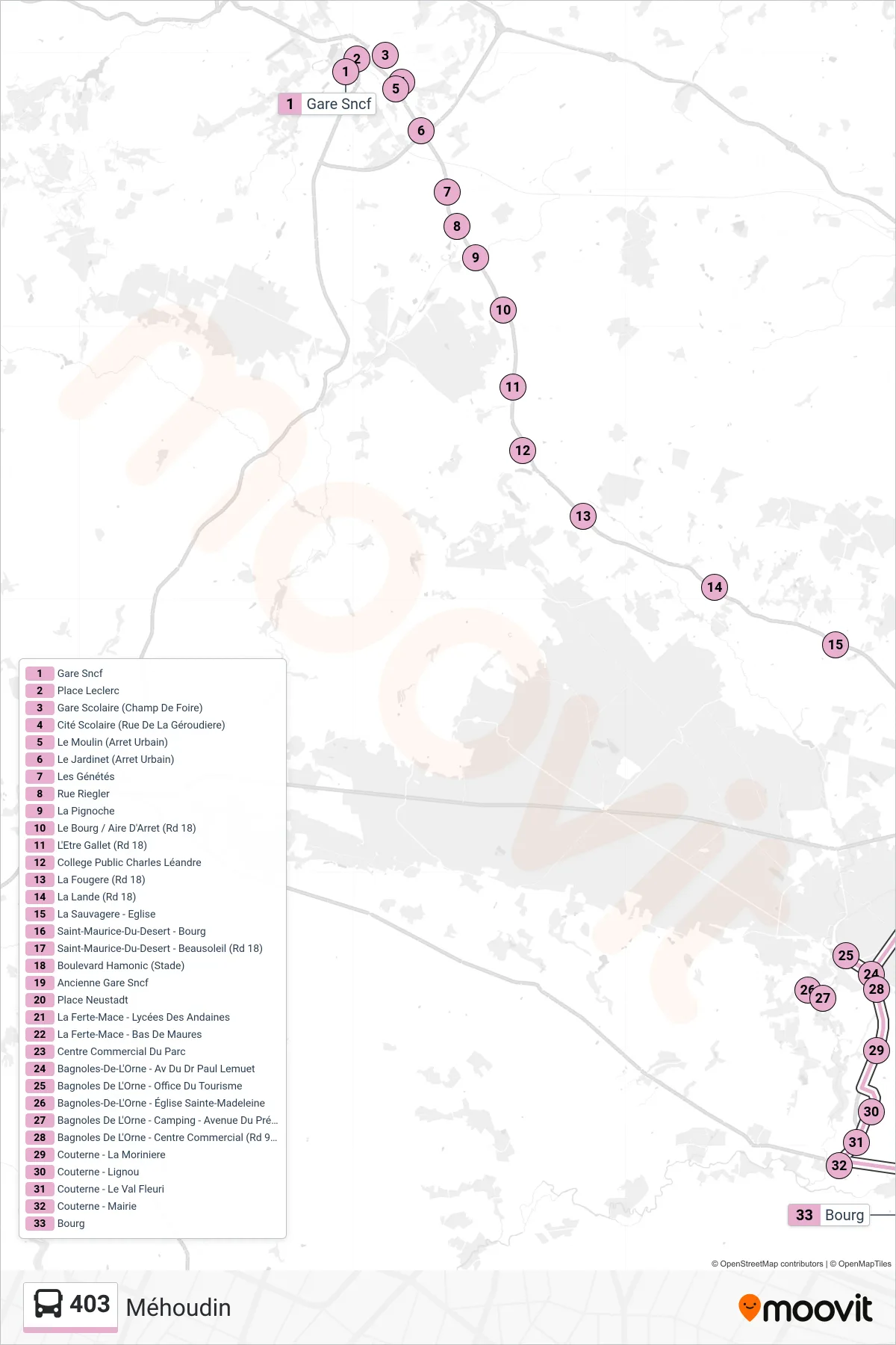 Tracé et arrêts de la ligne 403 de bus (Méhoudin) sur une carte