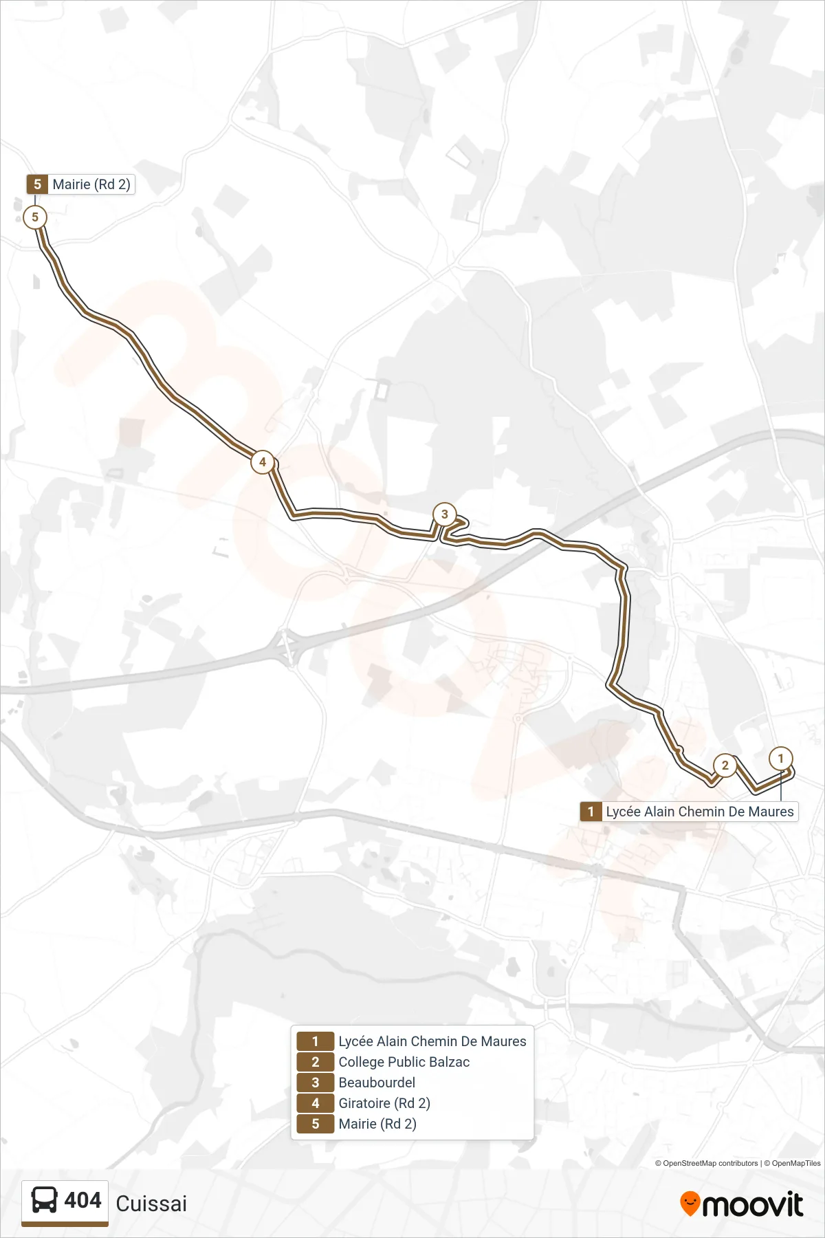 Tracé et arrêts de la ligne 404 de bus (Cuissai) sur une carte
