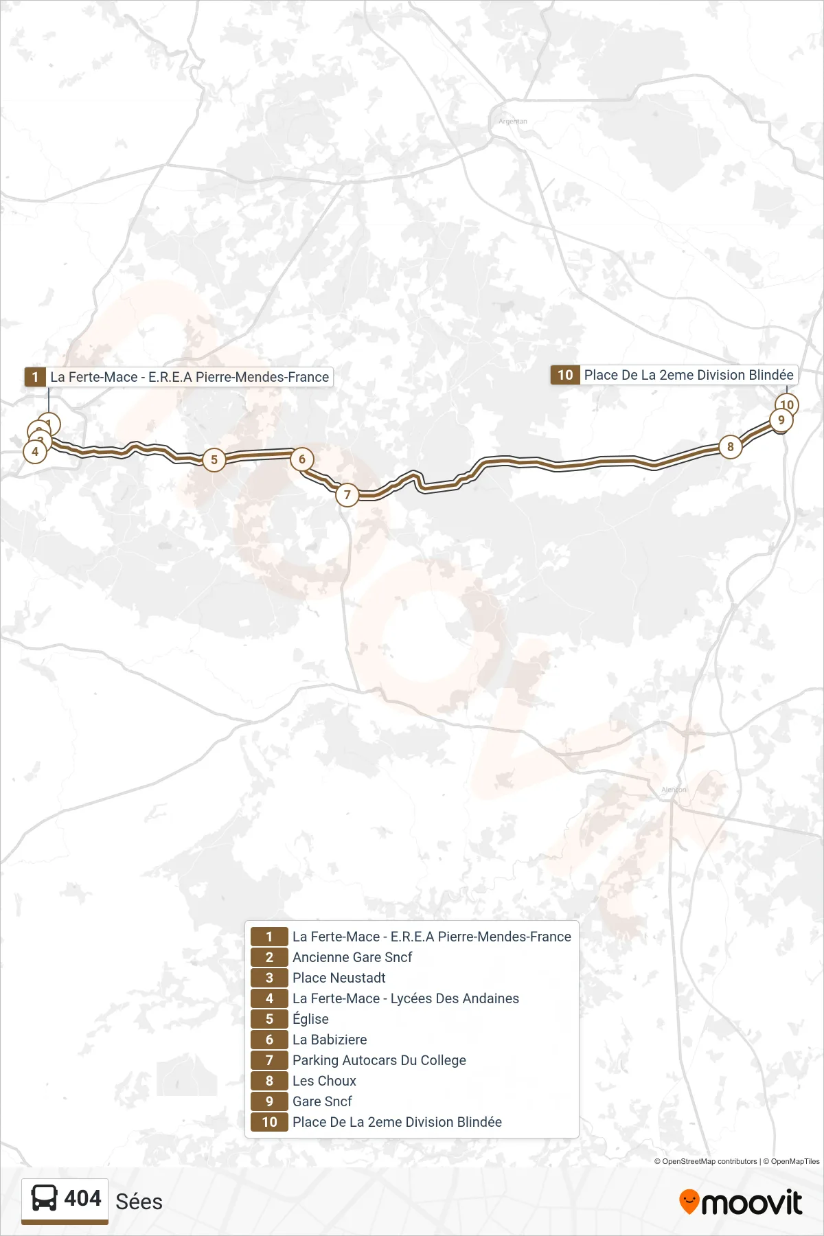 404 bus Line (Sées) route and stops on a map
