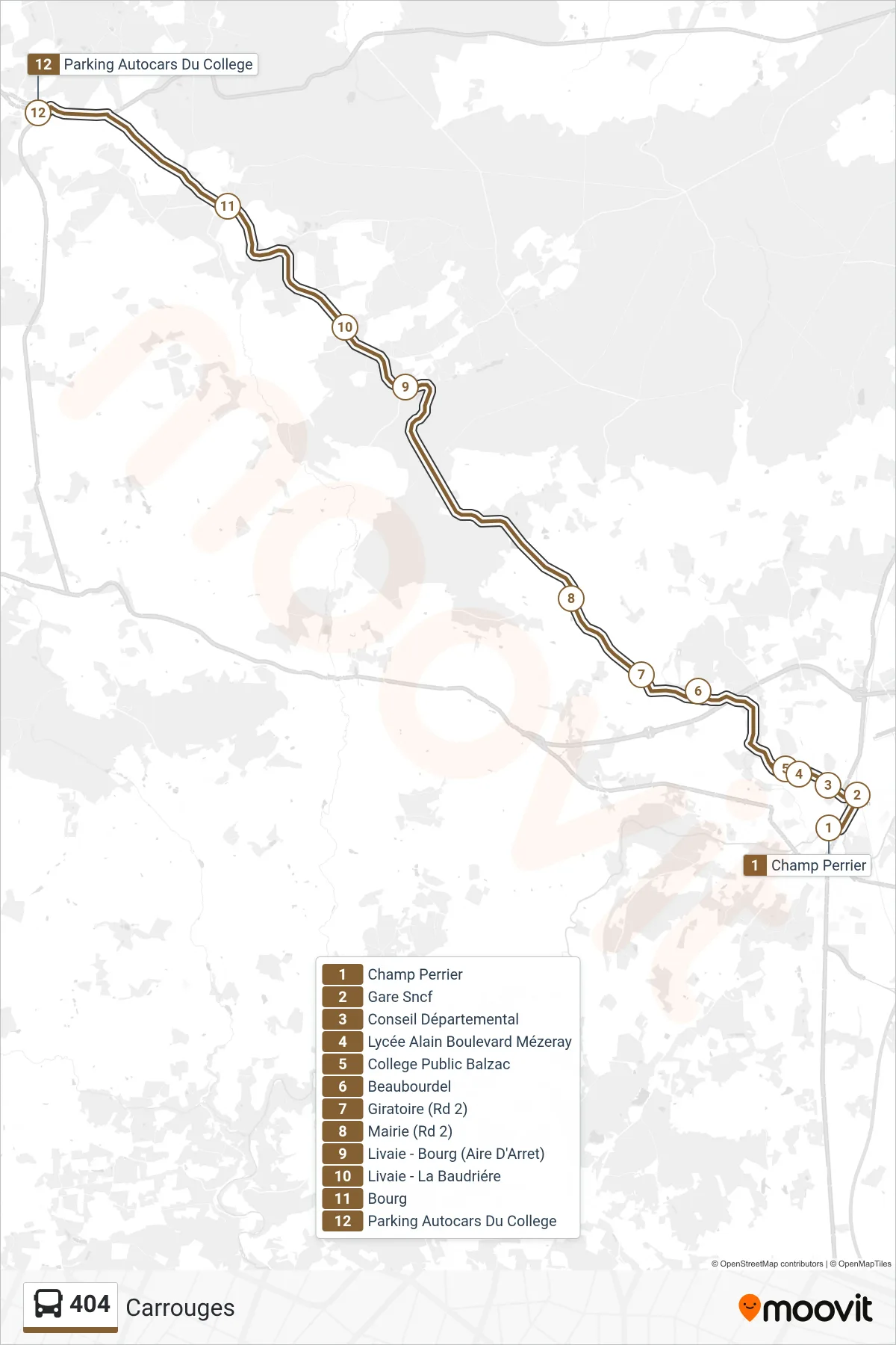 Tracé et arrêts de la ligne 404 de bus (Carrouges) sur une carte