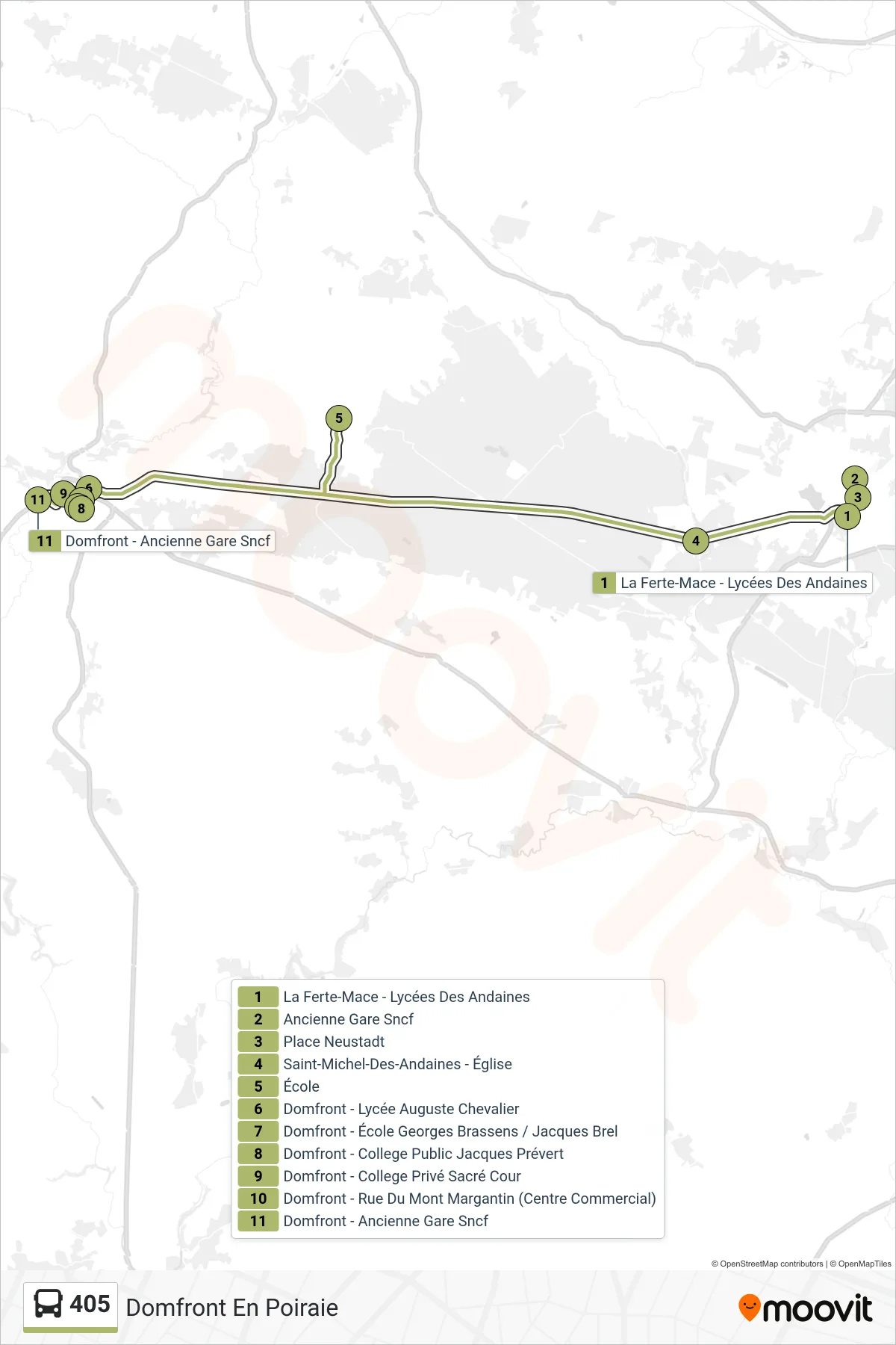 Tracé et arrêts de la ligne 405 de bus (Domfront En Poiraie) sur une carte