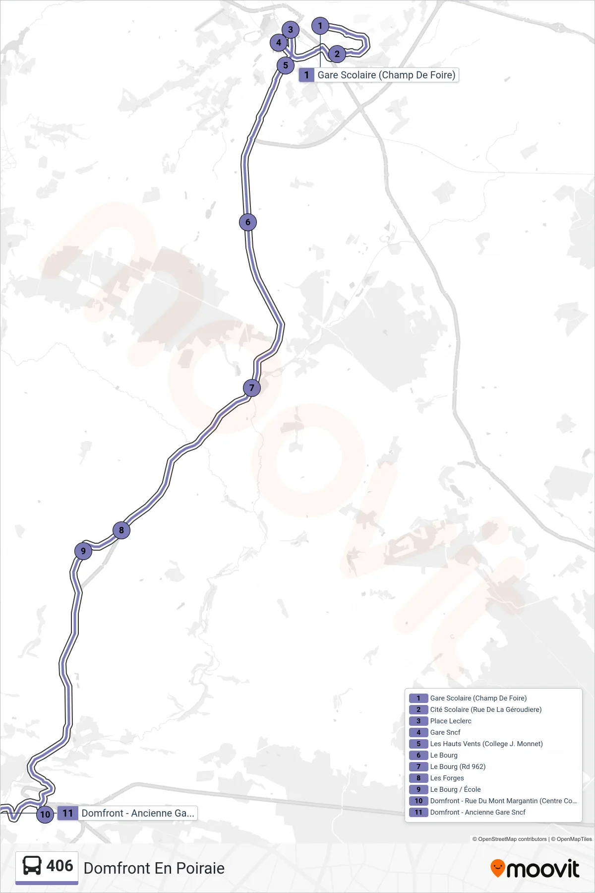 406 bus Line (Domfront En Poiraie) route and stops on a map