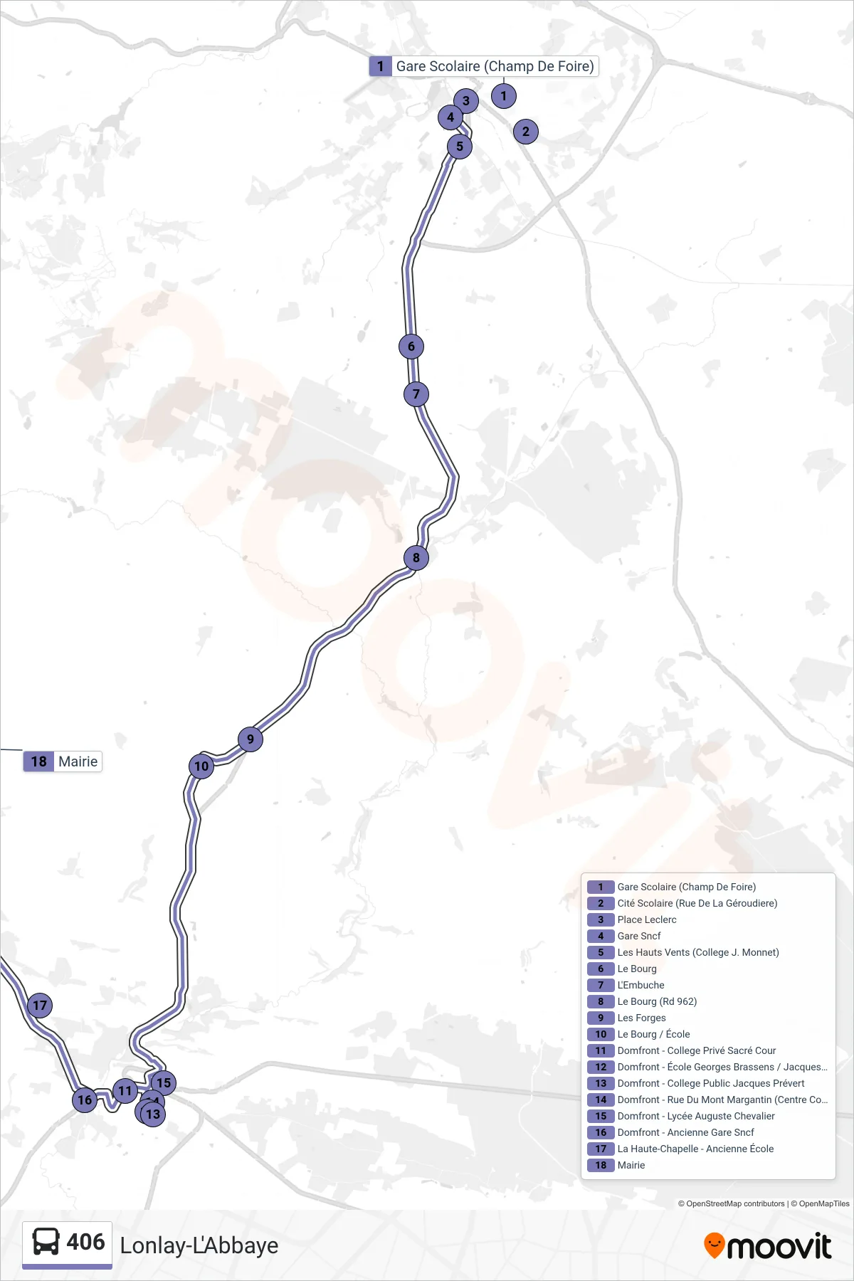 Tracé et arrêts de la ligne 406 de bus (Lonlay-L'Abbaye) sur une carte