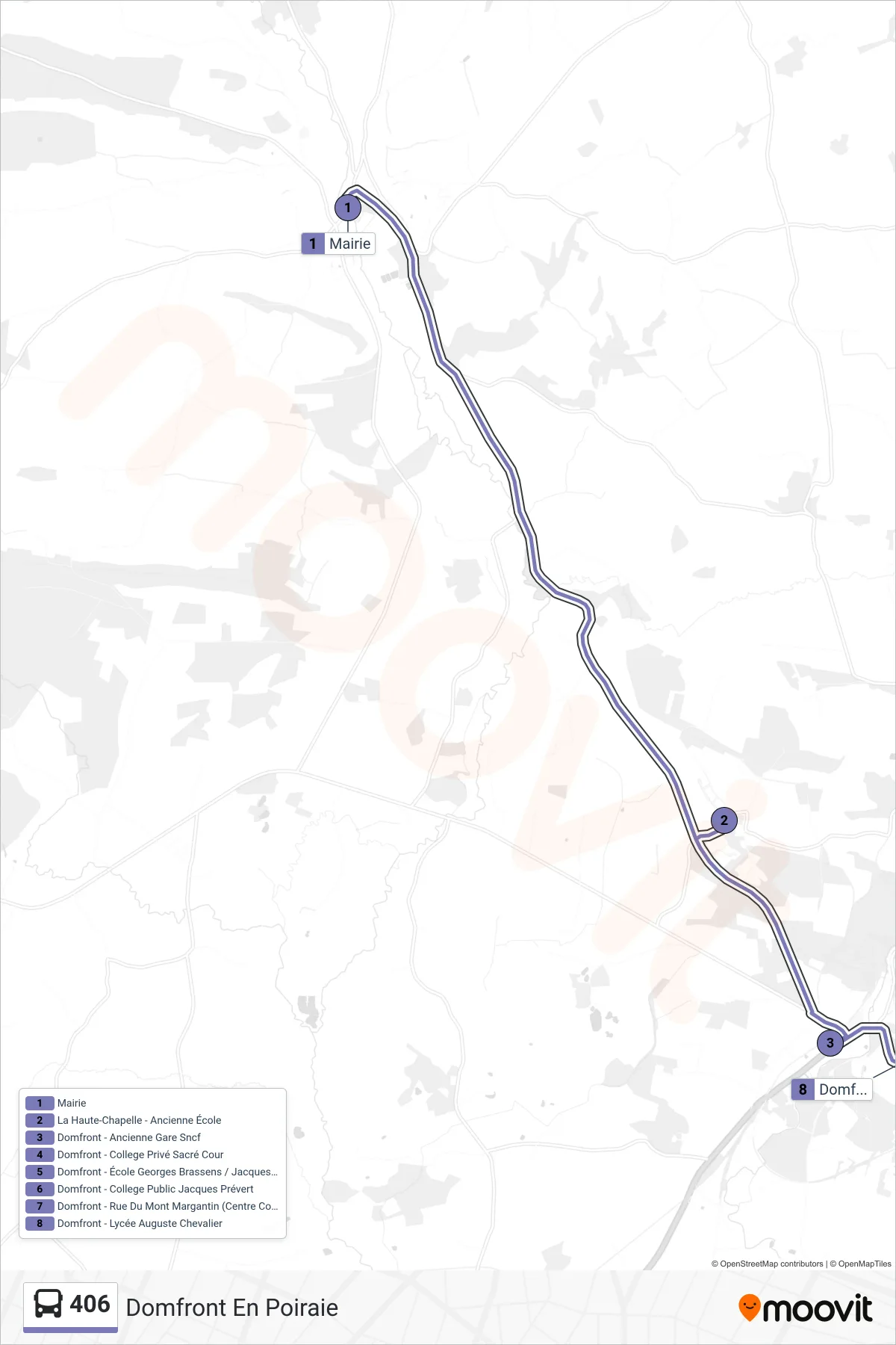 Recorrido y paradas de la línea 406 de autobús (Domfront En Poiraie) en el mapa