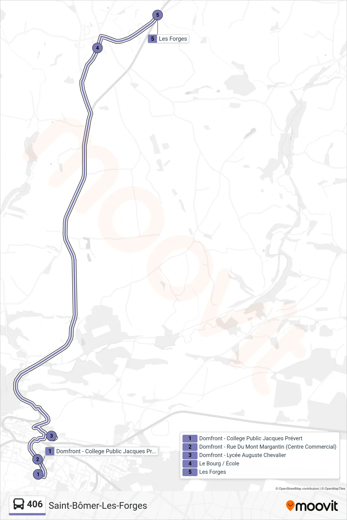 Tracé et arrêts de la ligne 406 de bus (Saint-Bômer-Les-Forges) sur une carte