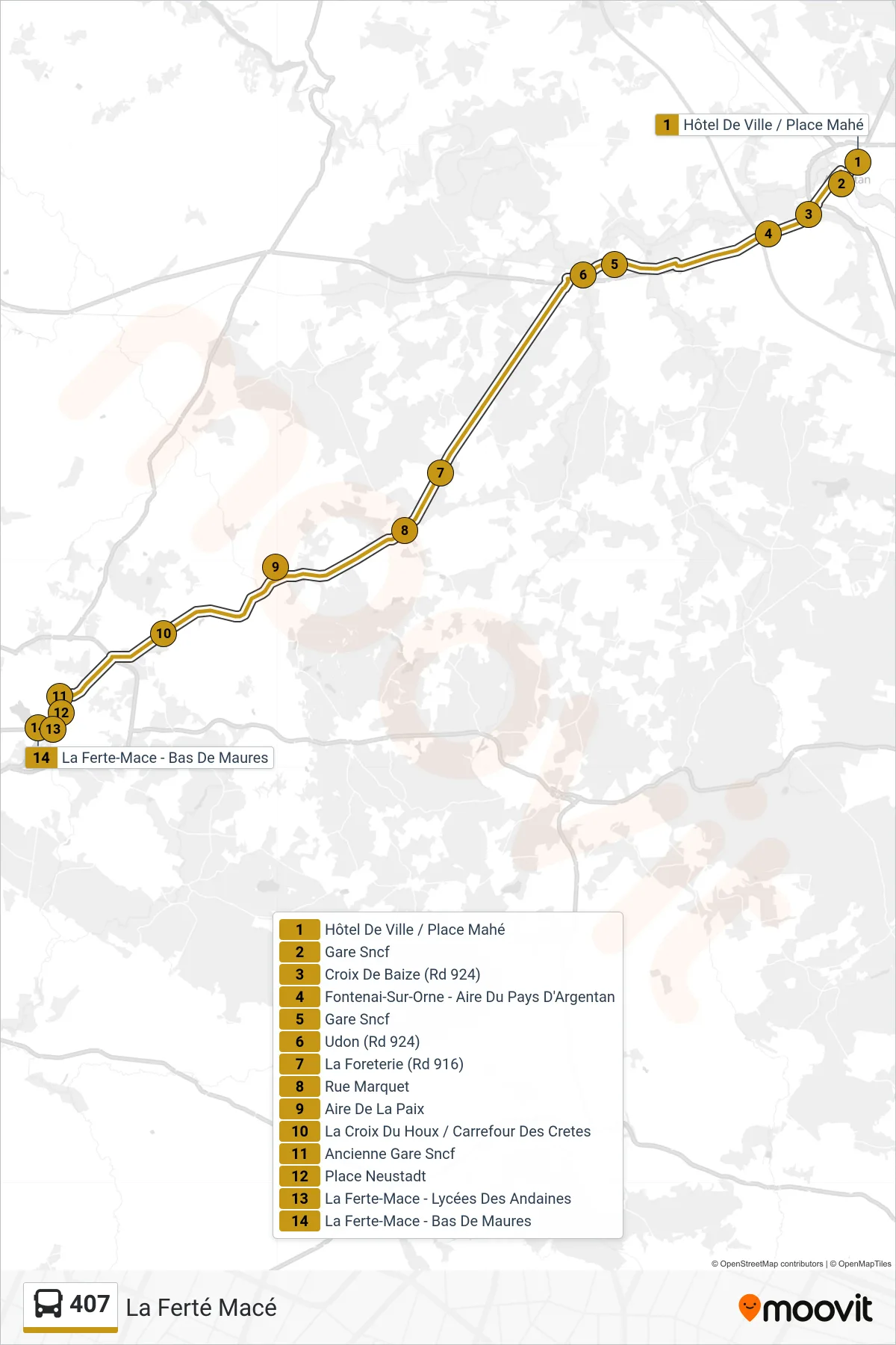 Tracé et arrêts de la ligne 407 de bus (La Ferté Macé) sur une carte