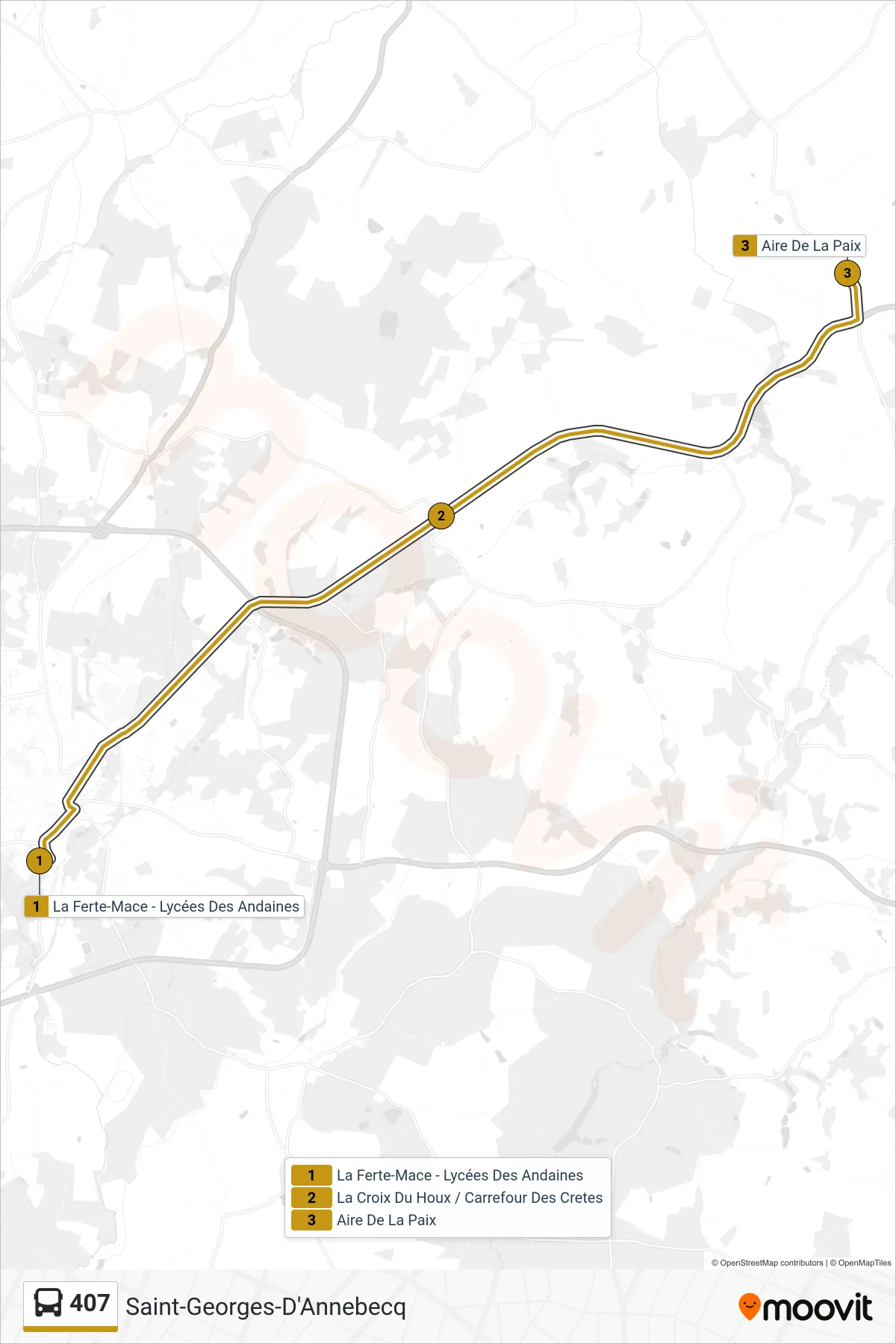 Tracé et arrêts de la ligne 407 de bus (Saint-Georges-D'Annebecq) sur une carte