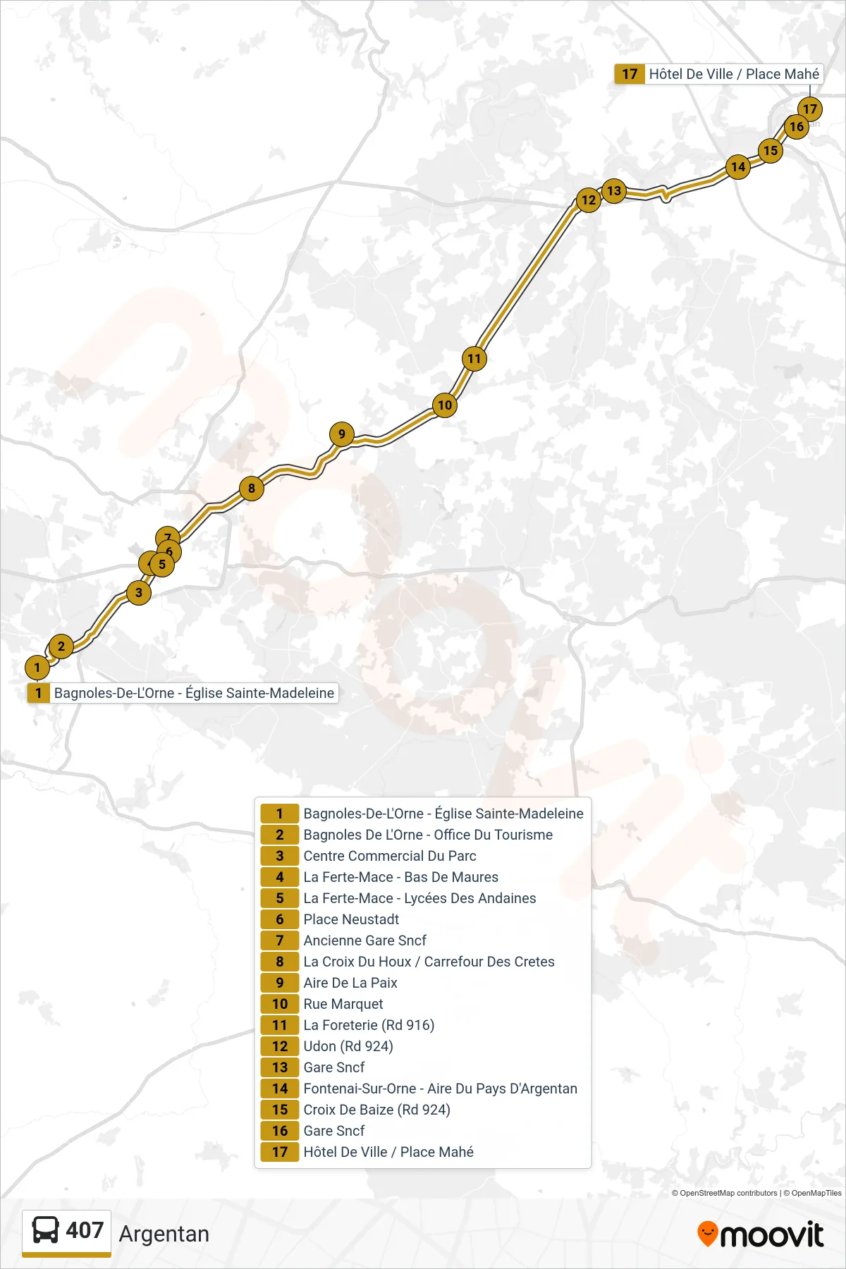 Tracé et arrêts de la ligne 407 de bus (Argentan) sur une carte