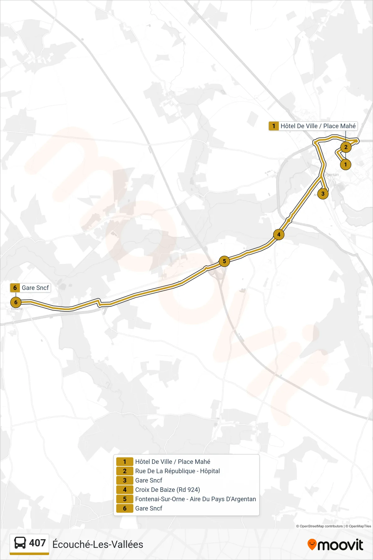 Tracé et arrêts de la ligne 407 de bus (Écouché-Les-Vallées) sur une carte