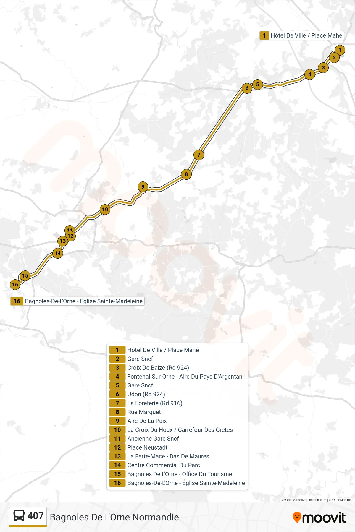 Tracé et arrêts de la ligne 407 de bus (Bagnoles De L'Orne Normandie) sur une carte