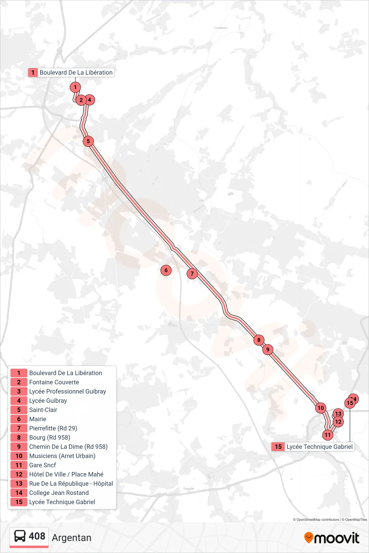 Tracé et arrêts de la ligne 408 de bus (Argentan) sur une carte