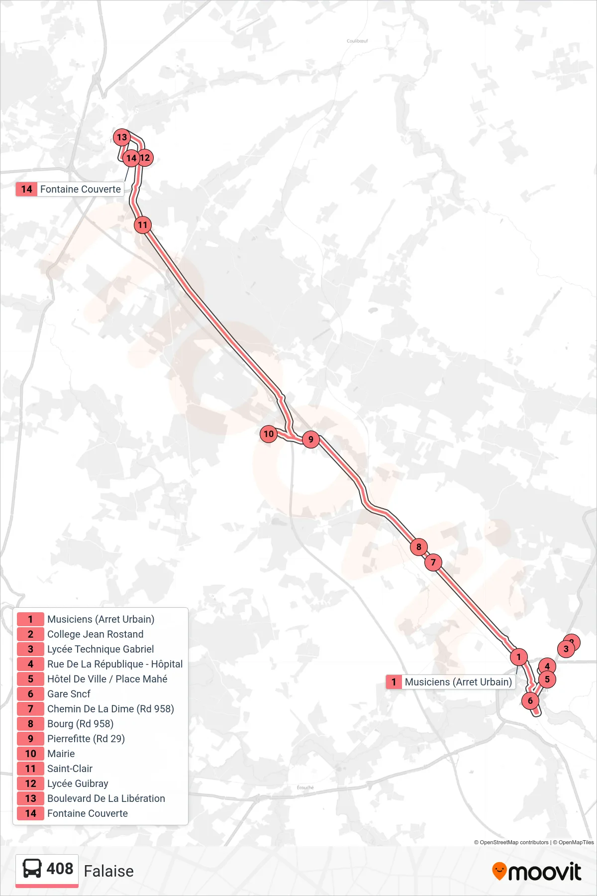 Tracé et arrêts de la ligne 408 de bus (Falaise) sur une carte