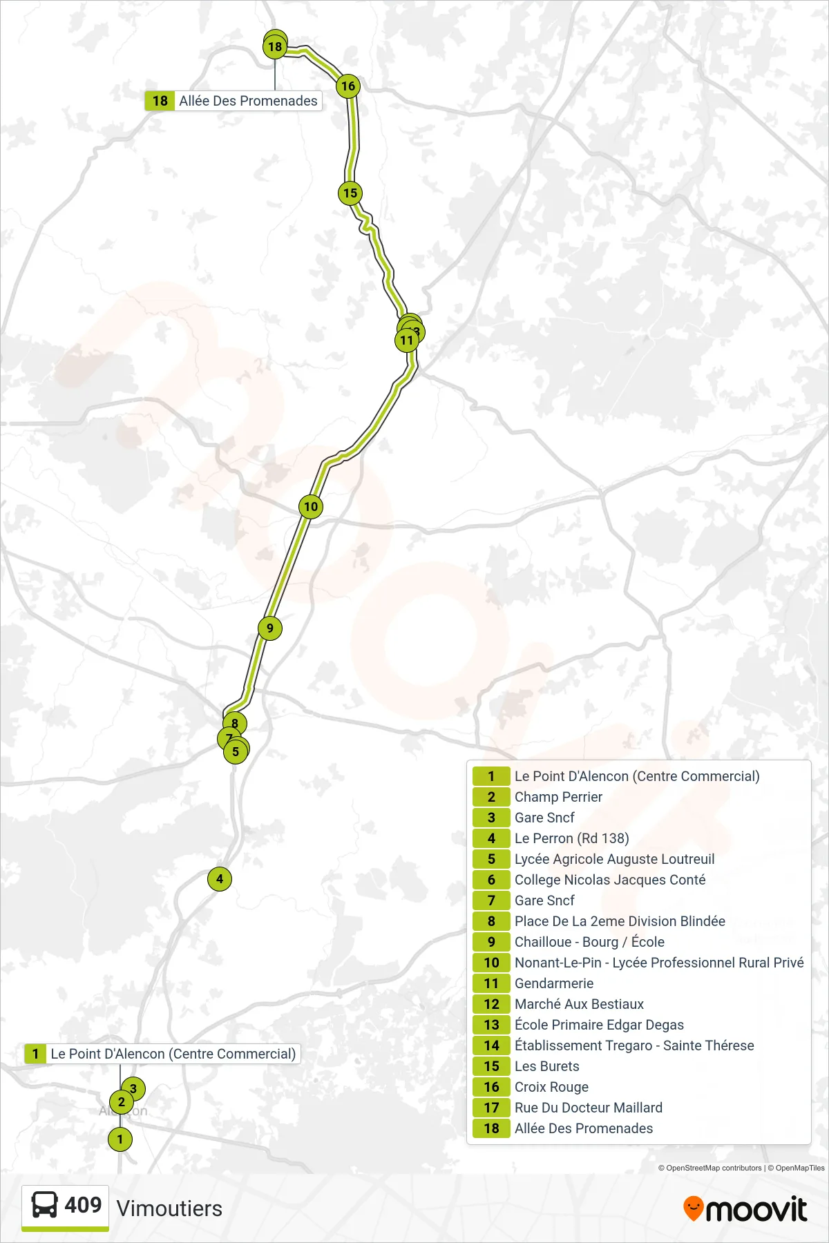 Recorrido y paradas de la línea 409 de autobús (Vimoutiers) en el mapa
