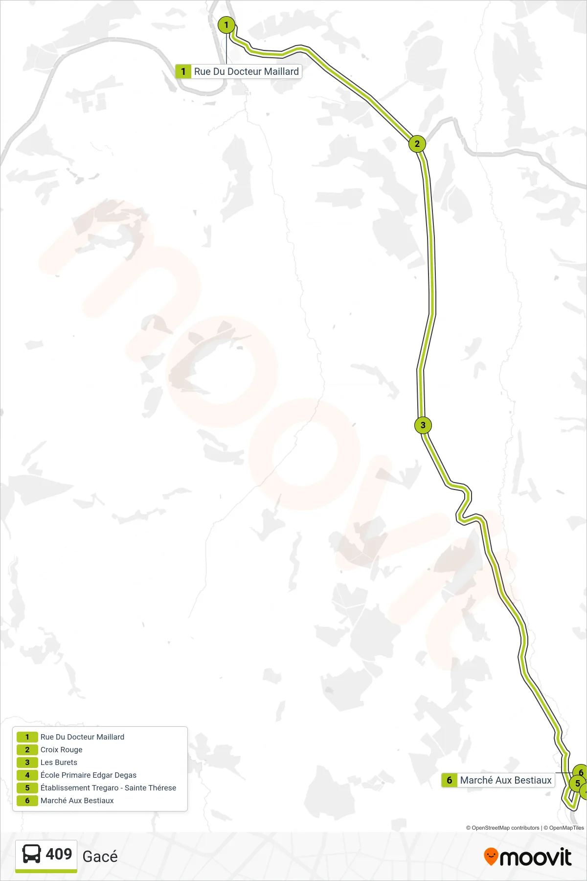 Tracé et arrêts de la ligne 409 de bus (Gacé) sur une carte