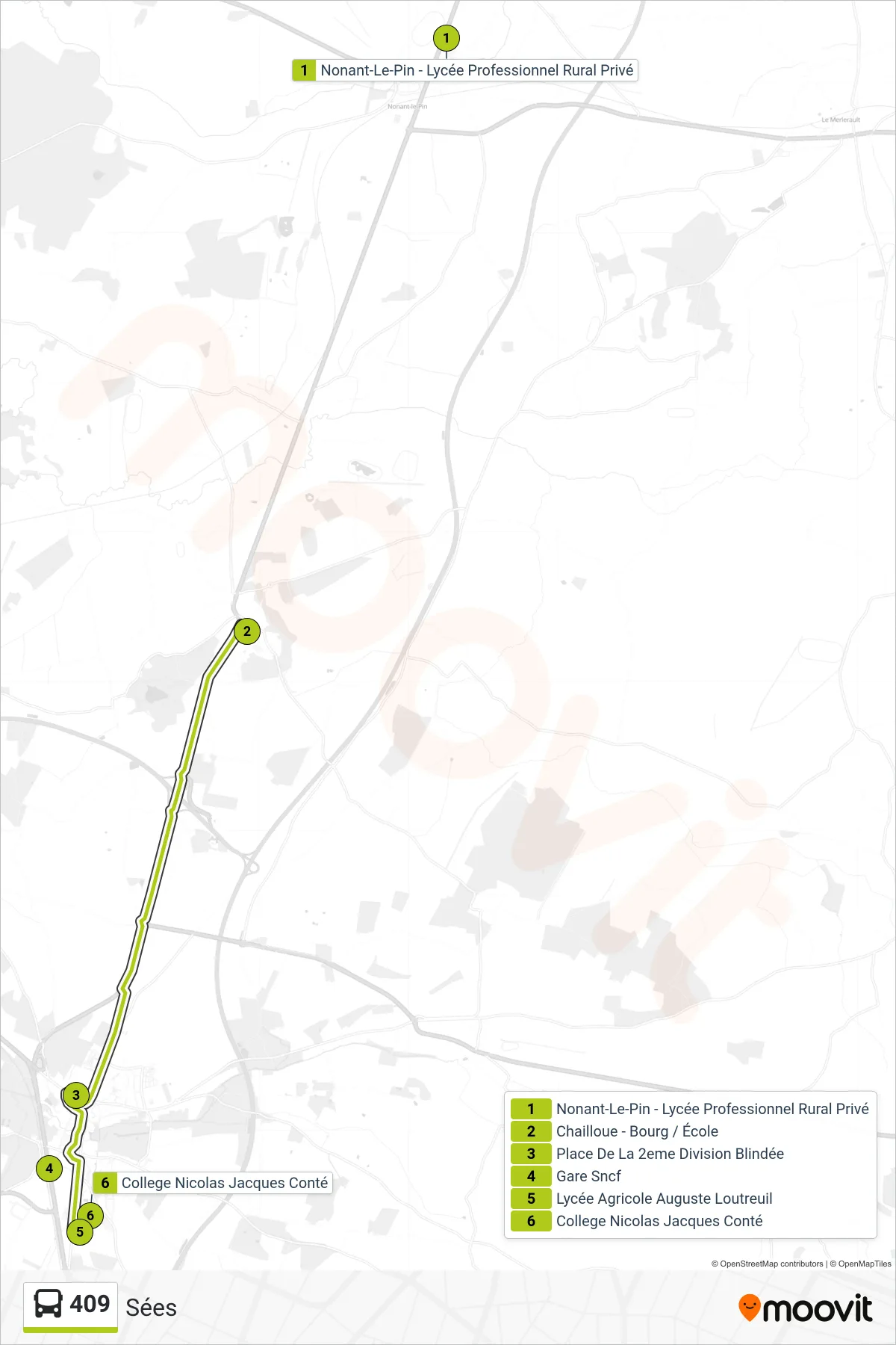 Tracé et arrêts de la ligne 409 de bus (Sées) sur une carte