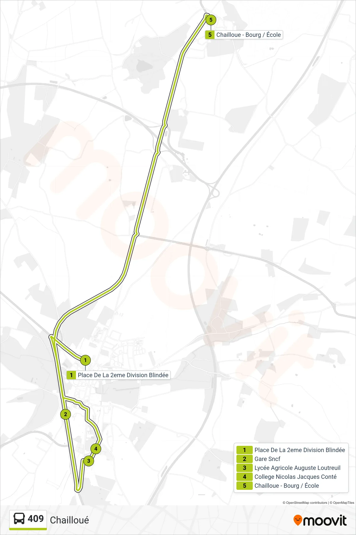 Tracé et arrêts de la ligne 409 de bus (Chailloué) sur une carte