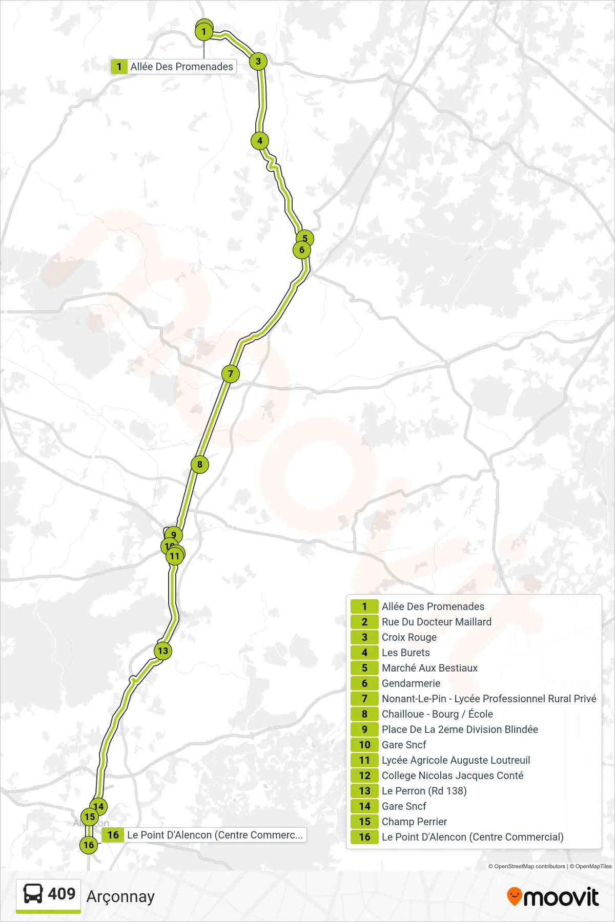 Tracé et arrêts de la ligne 409 de bus (Arçonnay) sur une carte