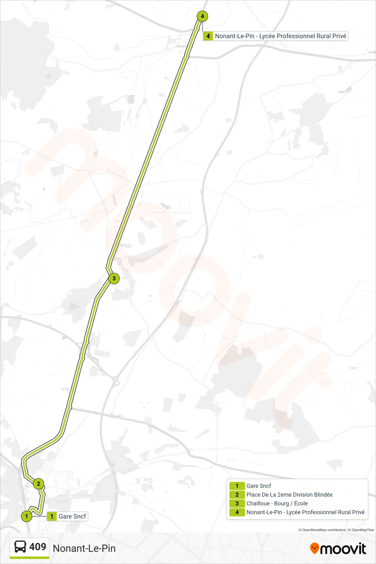 Tracé et arrêts de la ligne 409 de bus (Nonant-Le-Pin) sur une carte