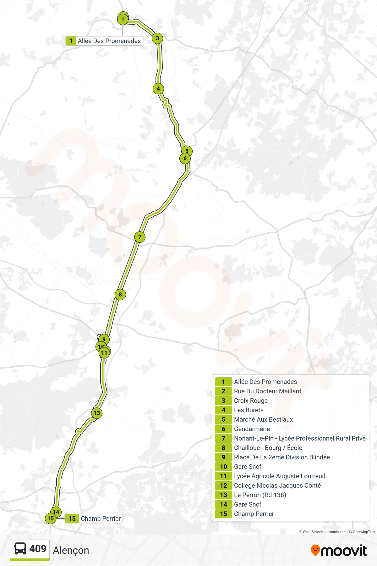 Tracé et arrêts de la ligne 409 de bus (Alençon) sur une carte