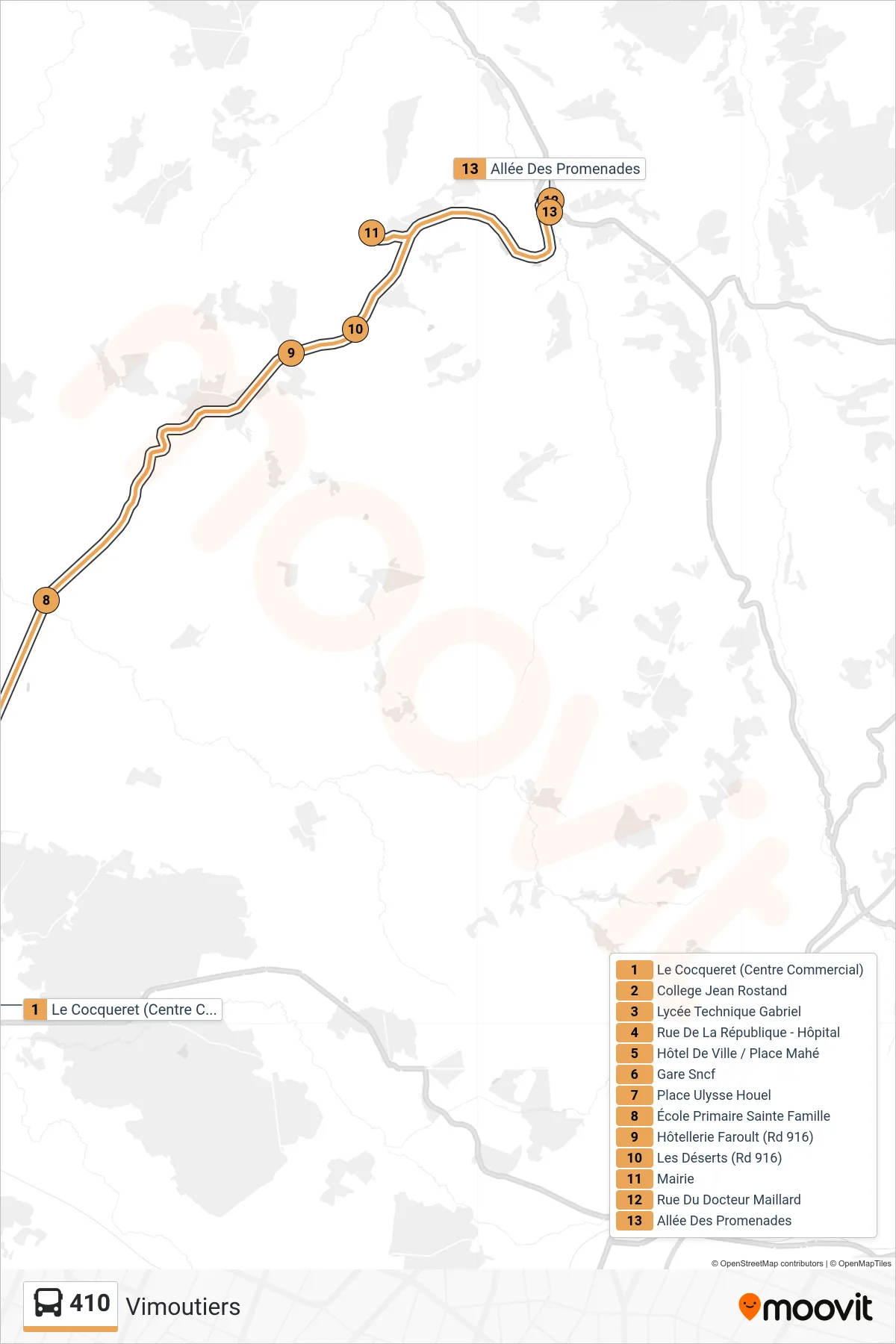 Tracé et arrêts de la ligne 410 de bus (Vimoutiers) sur une carte