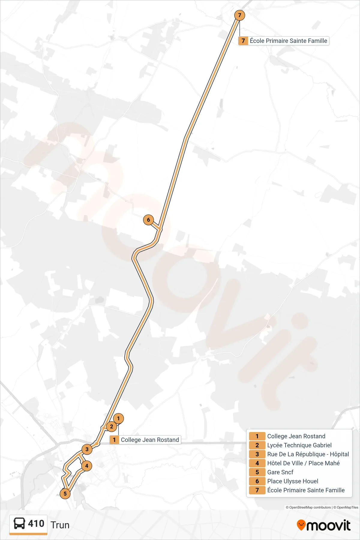 Tracé et arrêts de la ligne 410 de bus (Trun) sur une carte