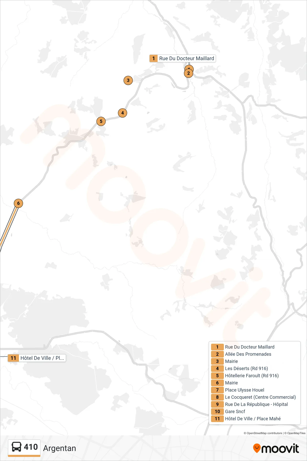 Tracé et arrêts de la ligne 410 de bus (Argentan) sur une carte