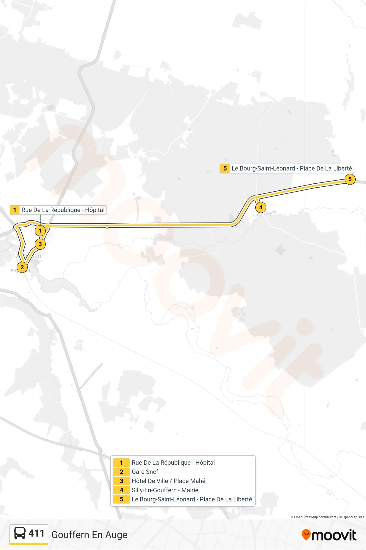 Tracé et arrêts de la ligne 411 de bus (Gouffern En Auge) sur une carte