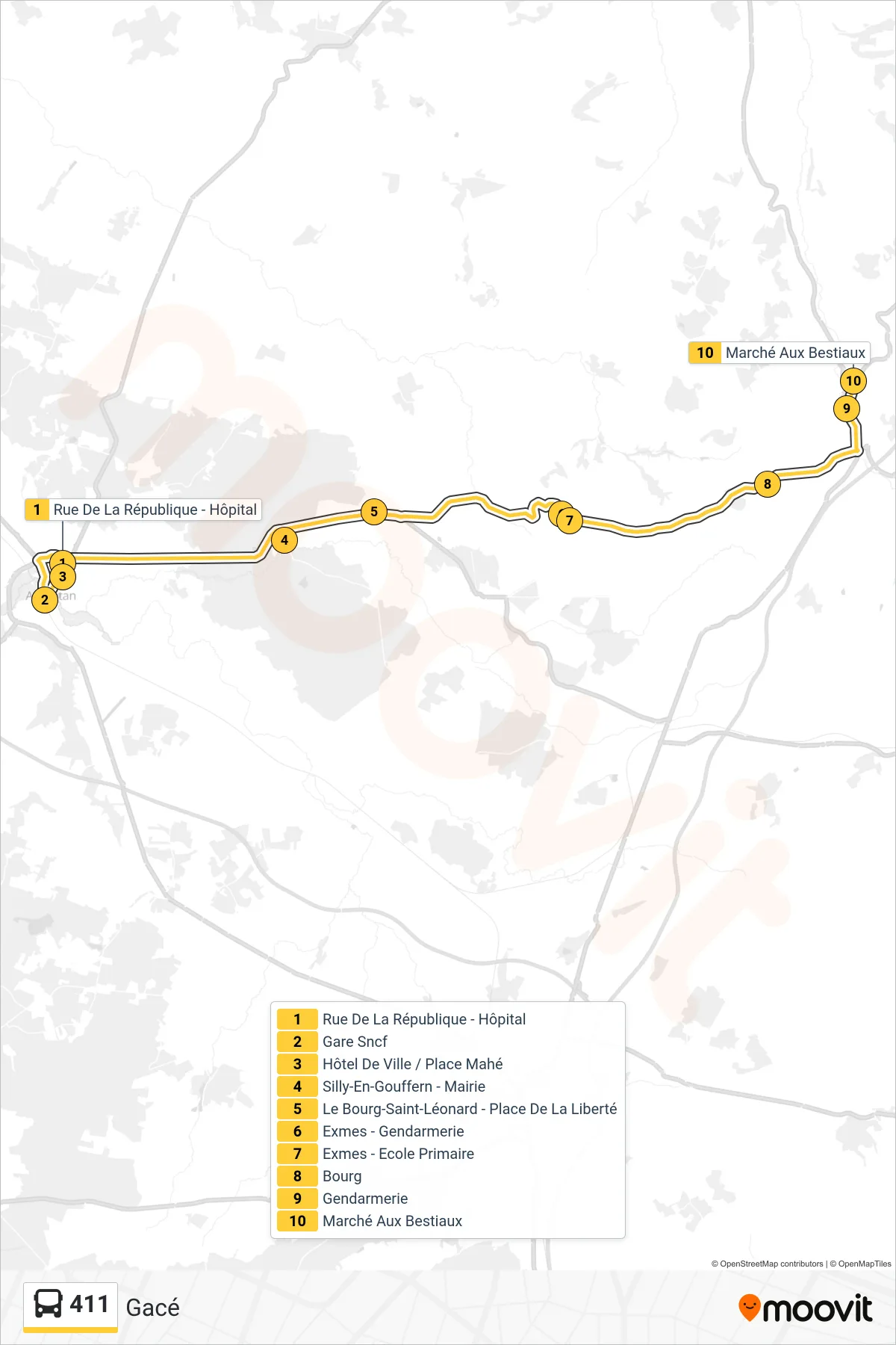 Tracé et arrêts de la ligne 411 de bus (Gacé) sur une carte