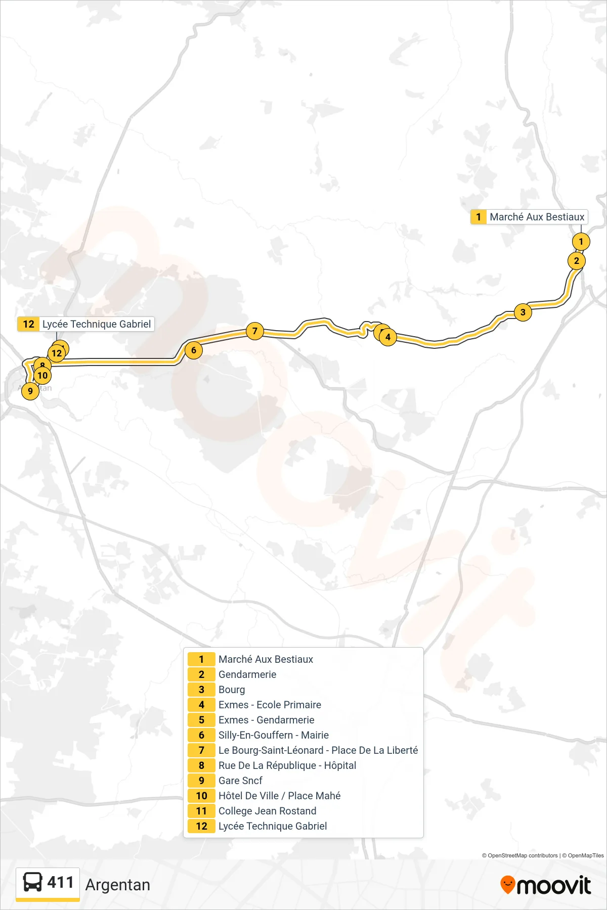Tracé et arrêts de la ligne 411 de bus (Argentan) sur une carte