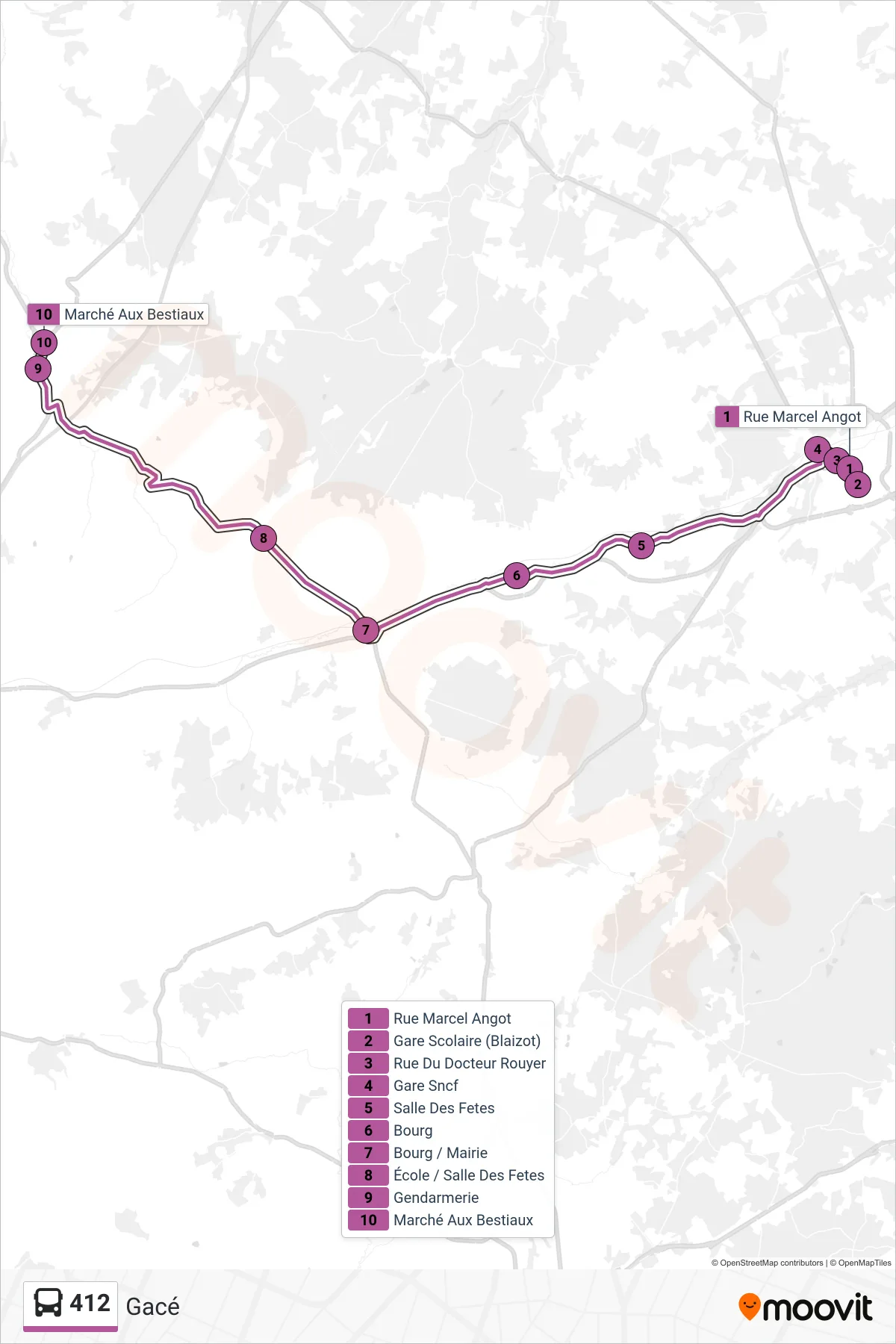 Tracé et arrêts de la ligne 412 de bus (Gacé) sur une carte