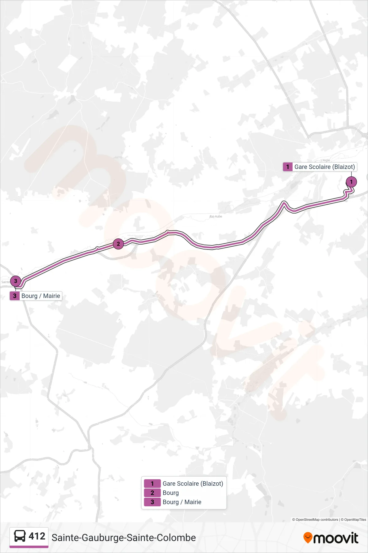 Tracé et arrêts de la ligne 412 de bus (Sainte-Gauburge-Sainte-Colombe) sur une carte