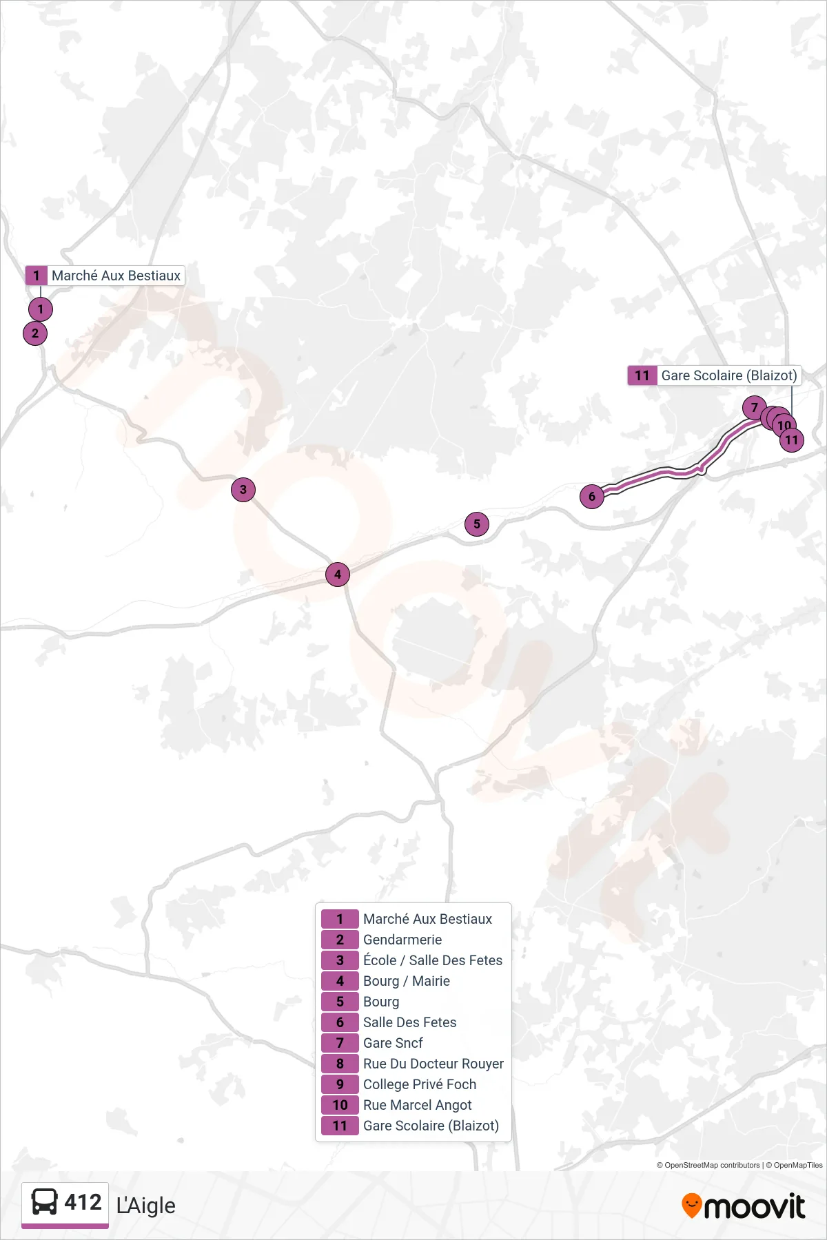 Tracé et arrêts de la ligne 412 de bus (L'Aigle) sur une carte