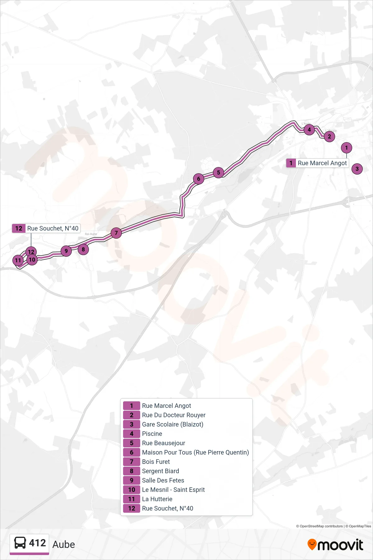 412 bus Line (Aube) route and stops on a map