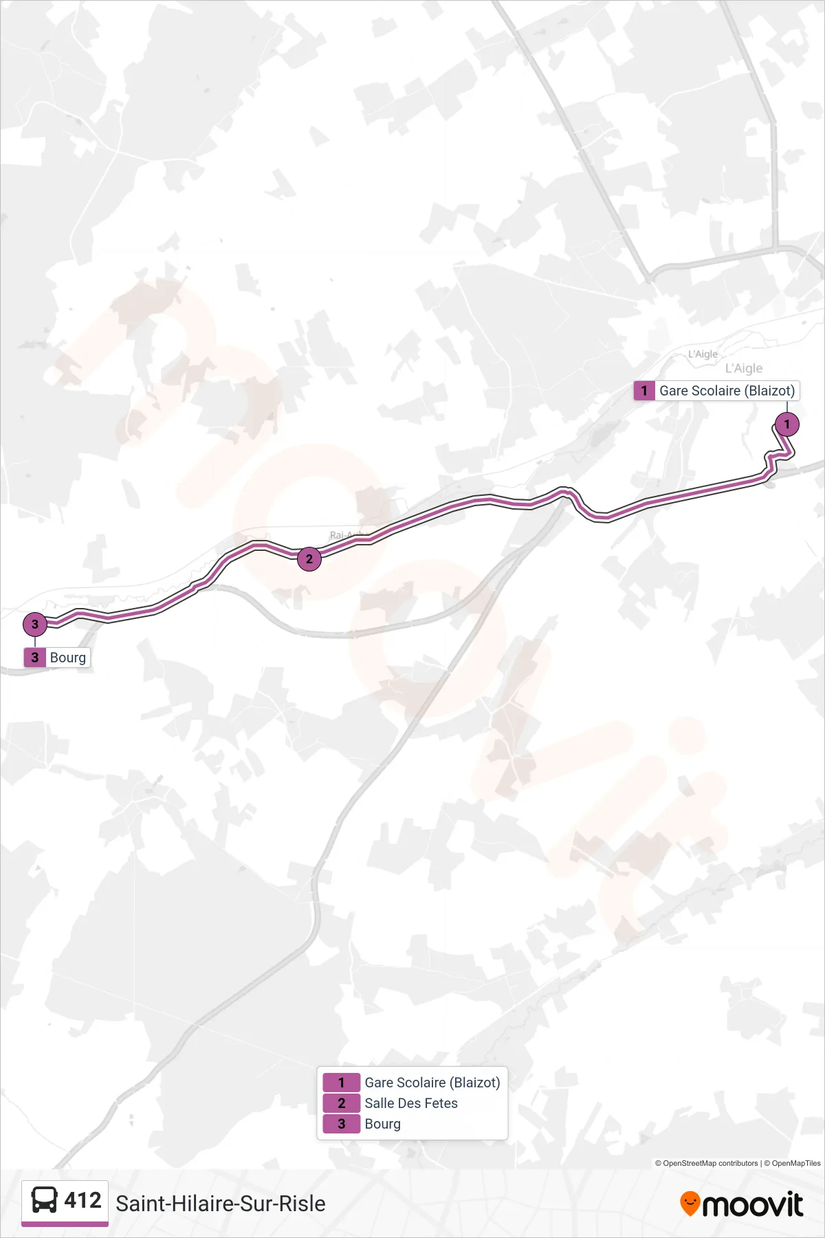 Tracé et arrêts de la ligne 412 de bus (Saint-Hilaire-Sur-Risle) sur une carte