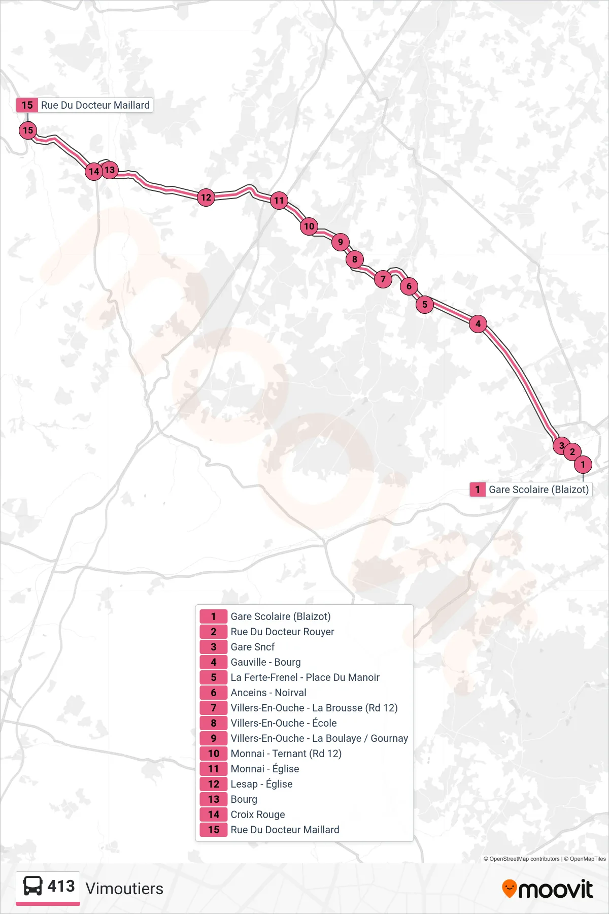 Tracé et arrêts de la ligne 413 de bus (Vimoutiers) sur une carte