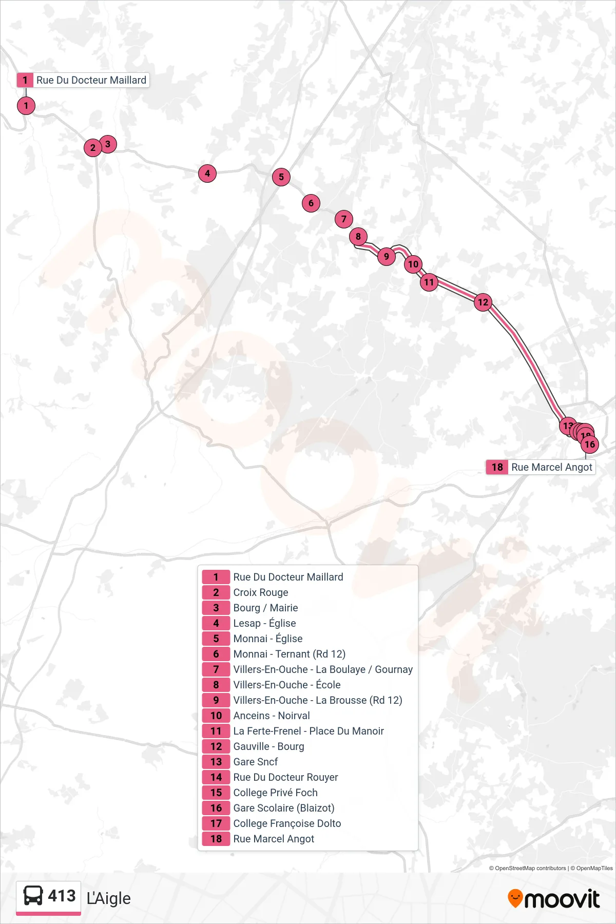 Tracé et arrêts de la ligne 413 de bus (L'Aigle) sur une carte
