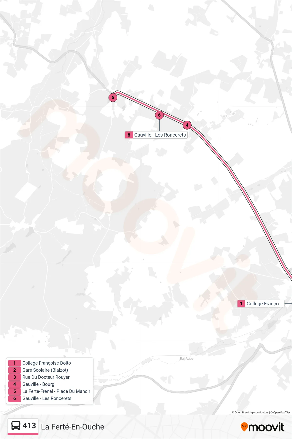 Tracé et arrêts de la ligne 413 de bus (La Ferté-En-Ouche) sur une carte
